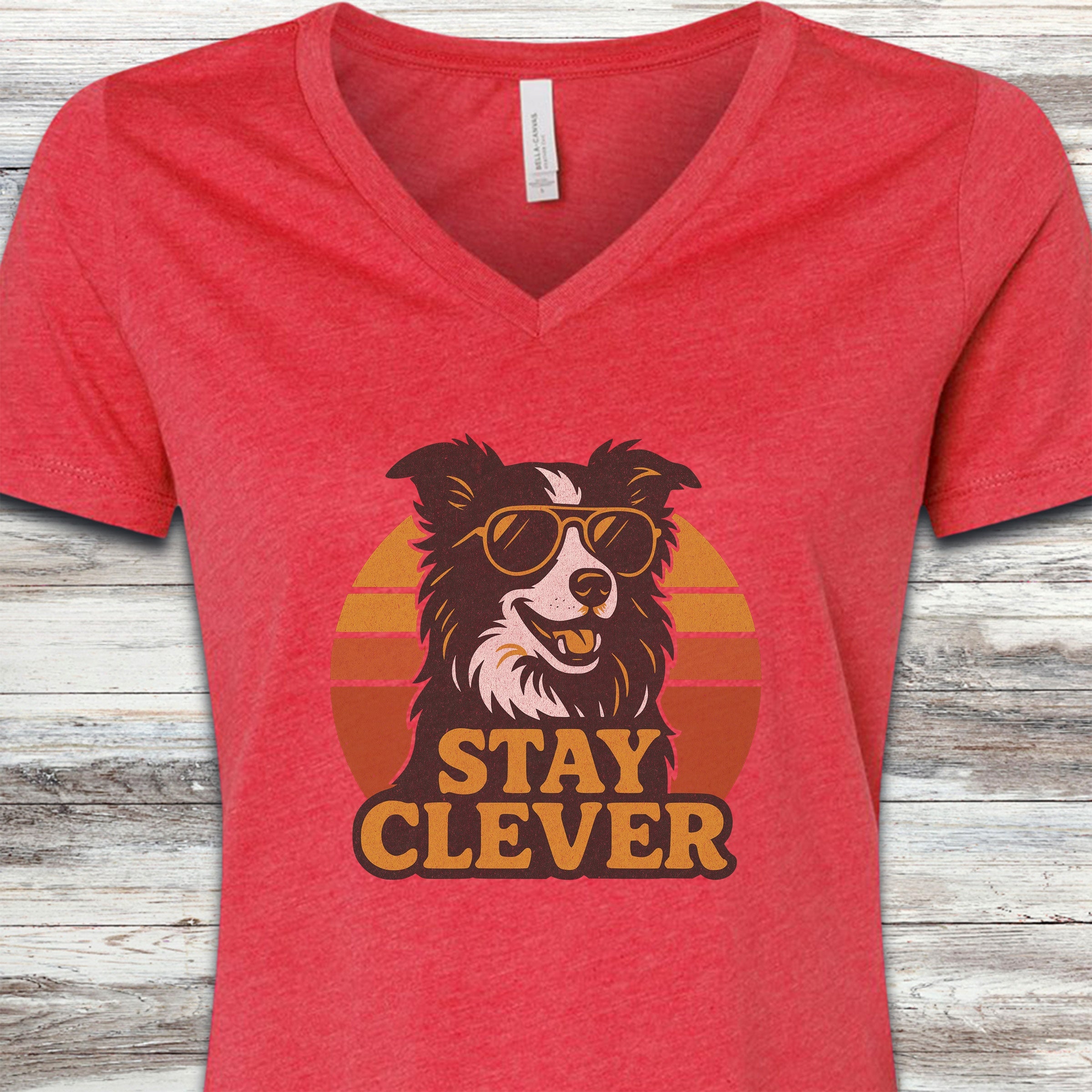 Border Collie Stay Clever V-Neck Tee - Heather Red