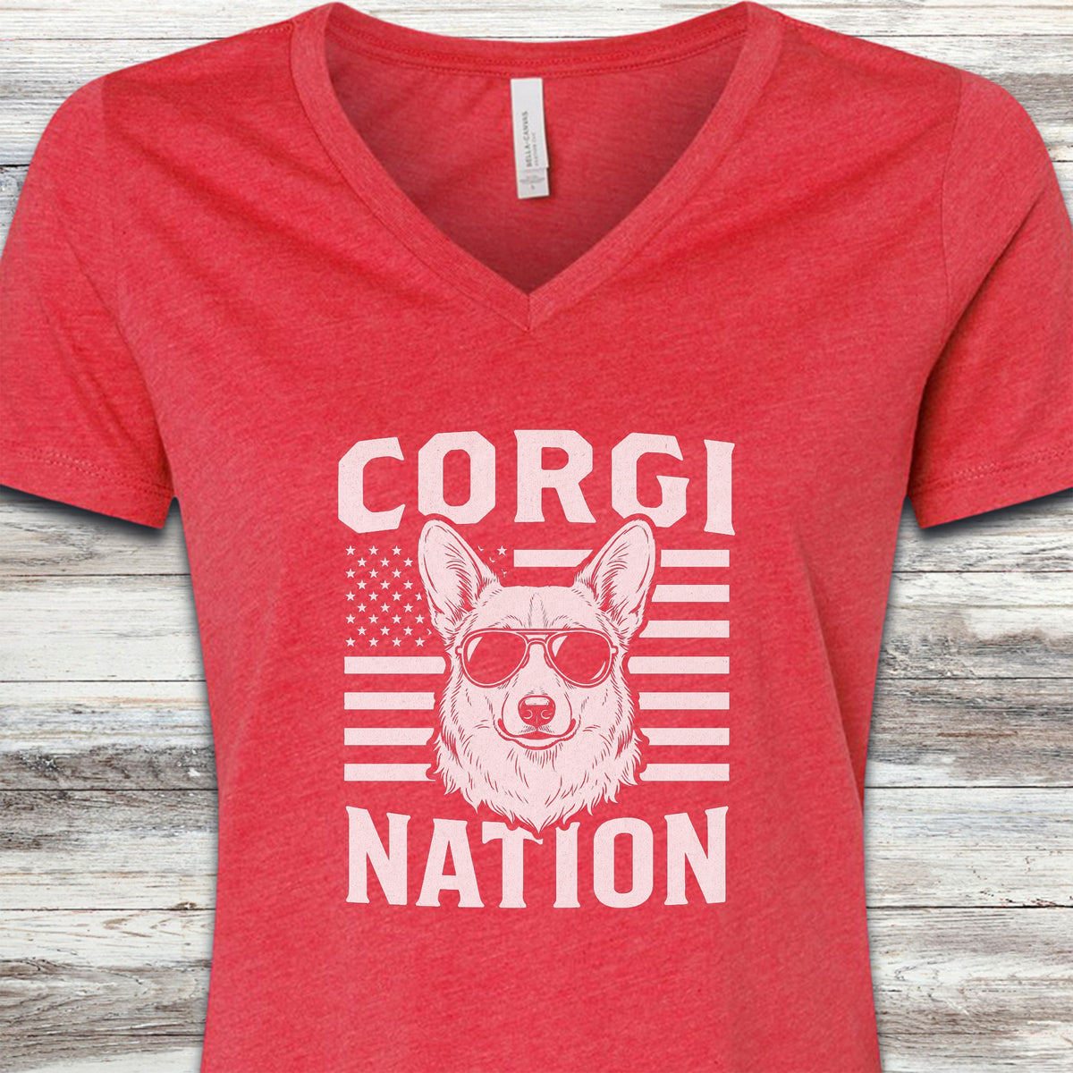 Corgi Nation V-Neck Tee - Heather Red