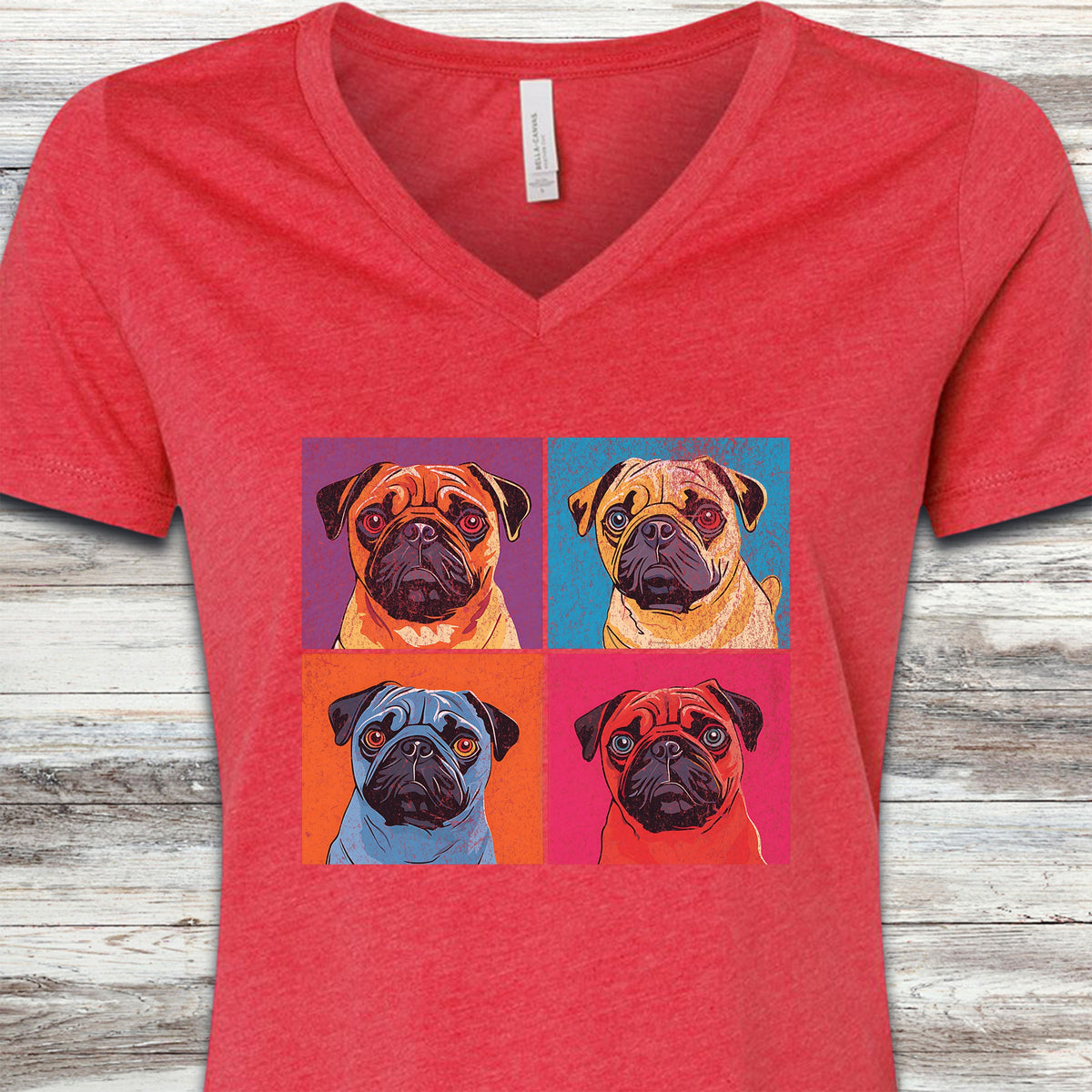 Pug Pop Art V-Neck Tee - Heather Red