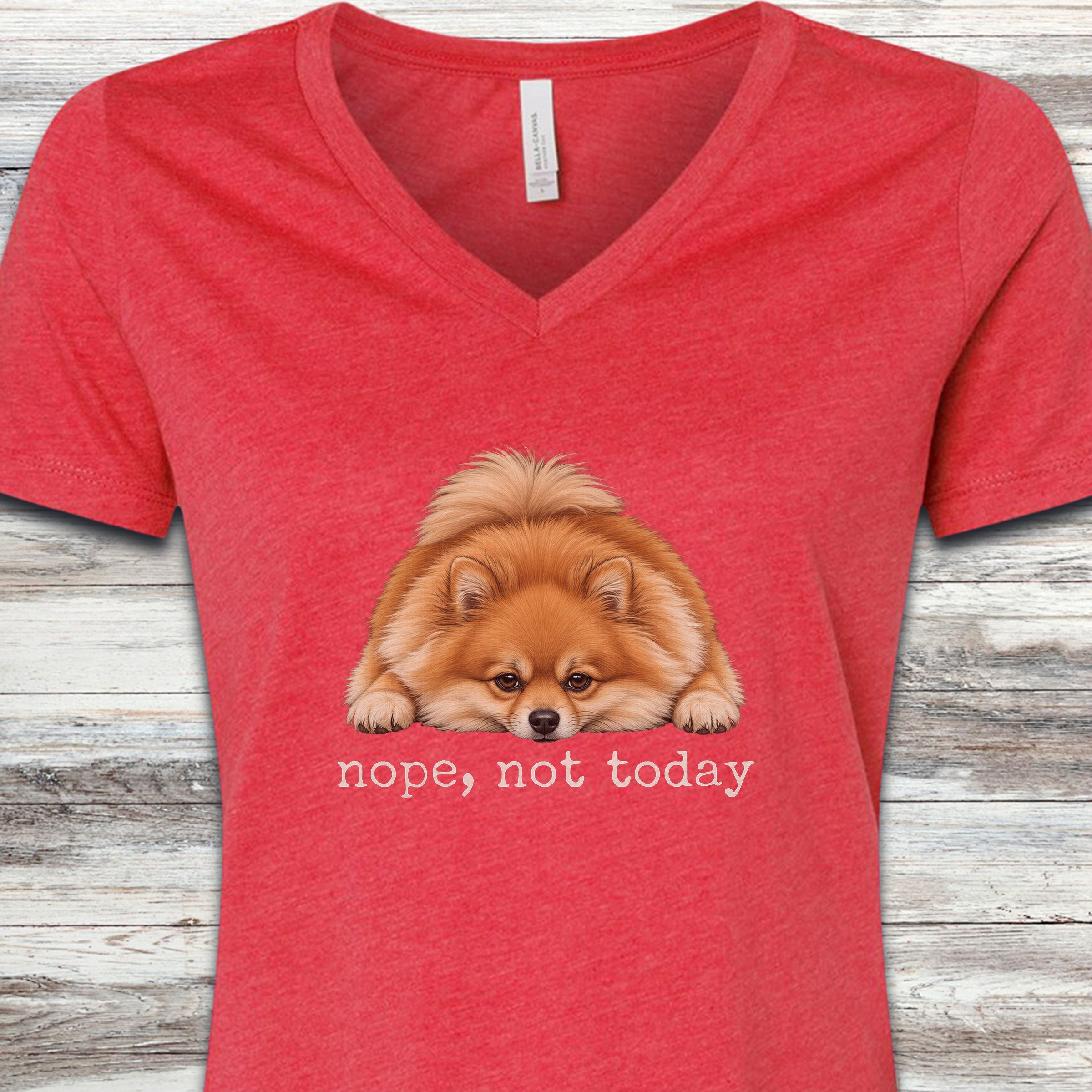 Pomeranian Nope V-Neck Tee - Heather Red