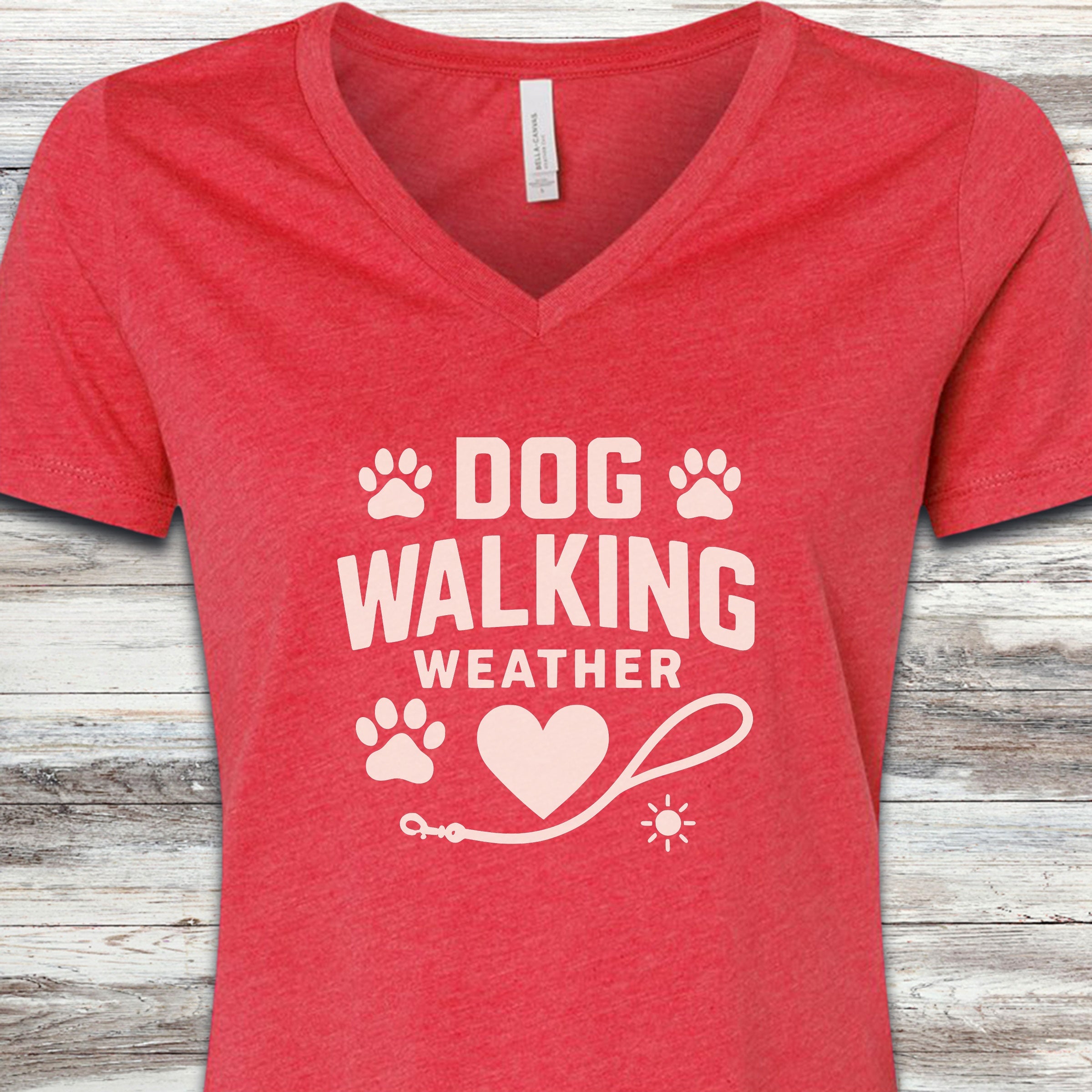 Dog Walking Weather V-Neck Tee - Heather Red