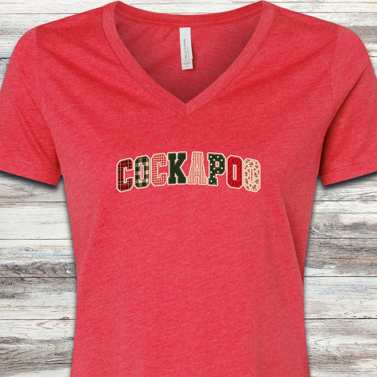 Cockapoo Holiday Faux Patchwork V-Neck Tee - Heather Red