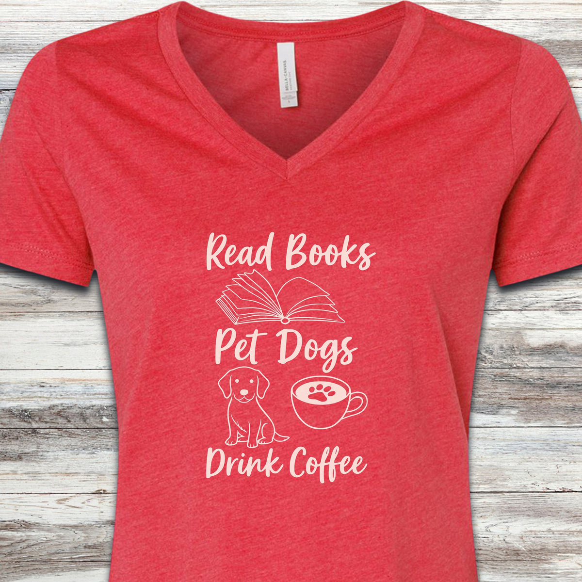 Books Dogs Coffee V-Neck Tee - Heather Red