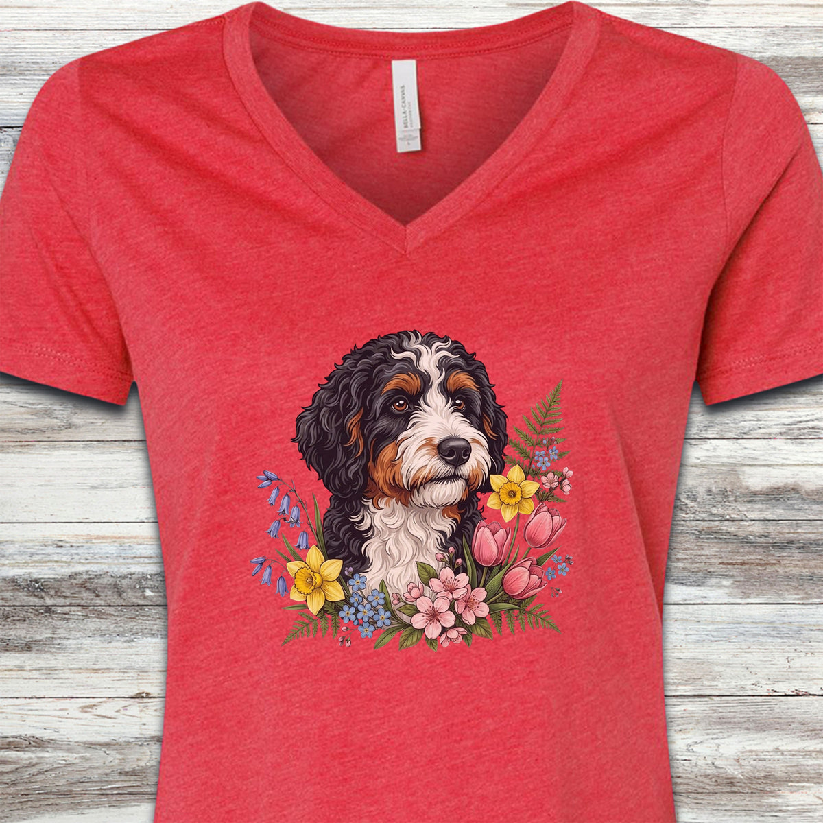 Bernedoodle Spring Portrait V-Neck Tee - Heather Red