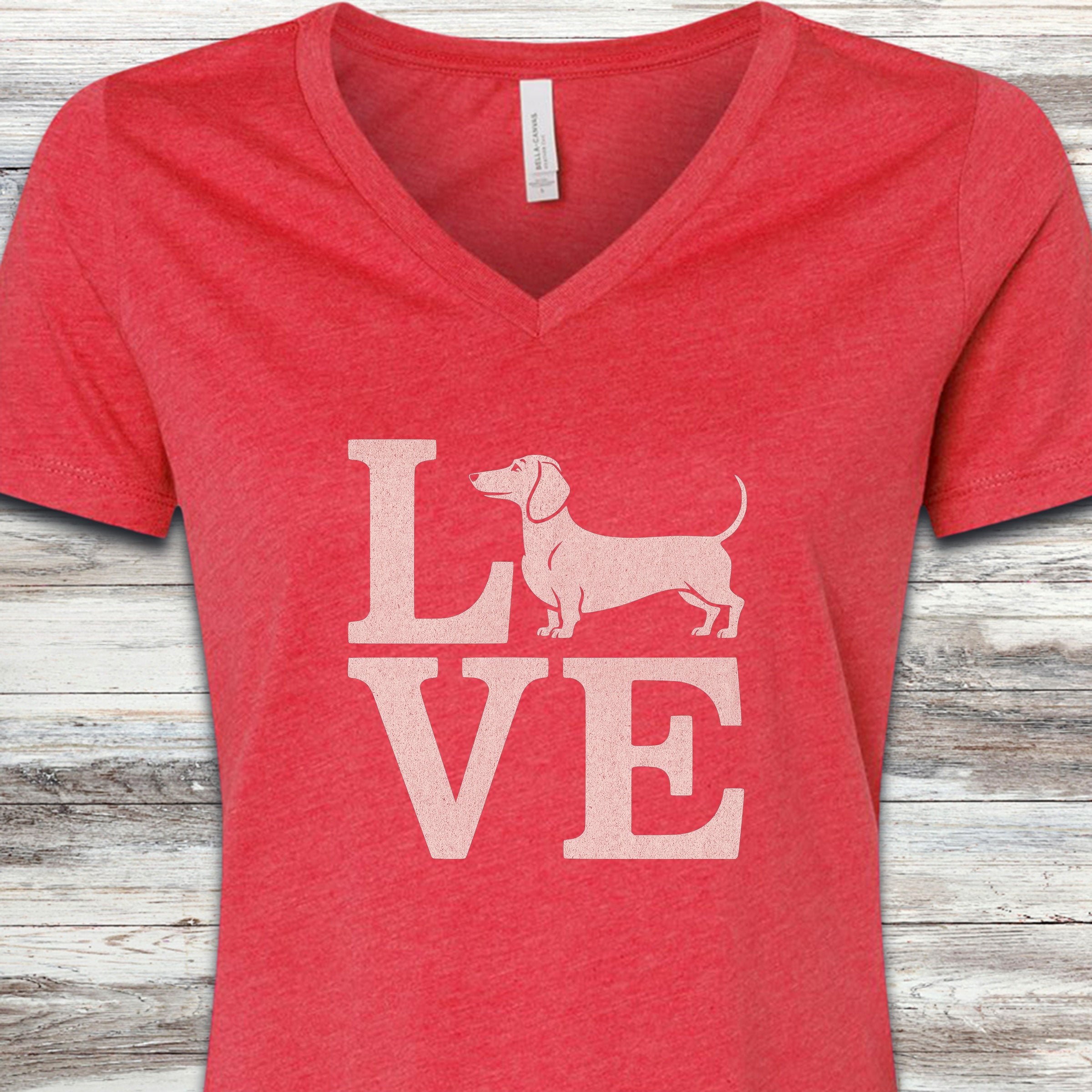 Dachshund Love V-Neck Tee - Heather Red