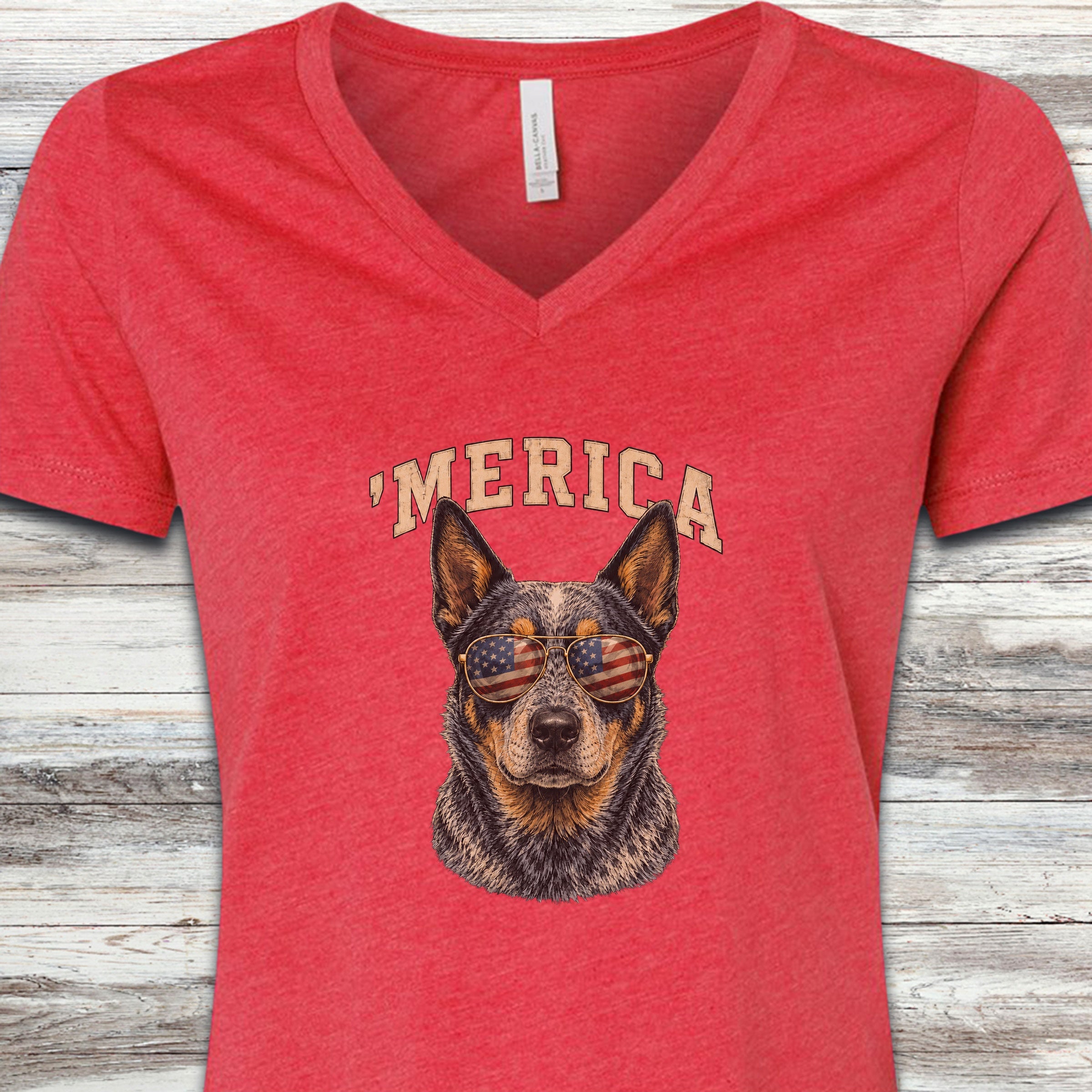 Australian Cattle Dog Blue 'Merica V-Neck Tee - Heather Red
