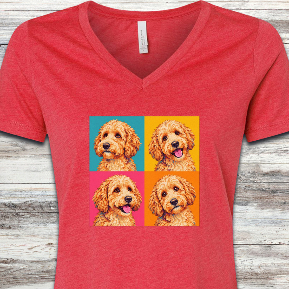 Goldendoodle Pop Art V-Neck Tee - Heather Red