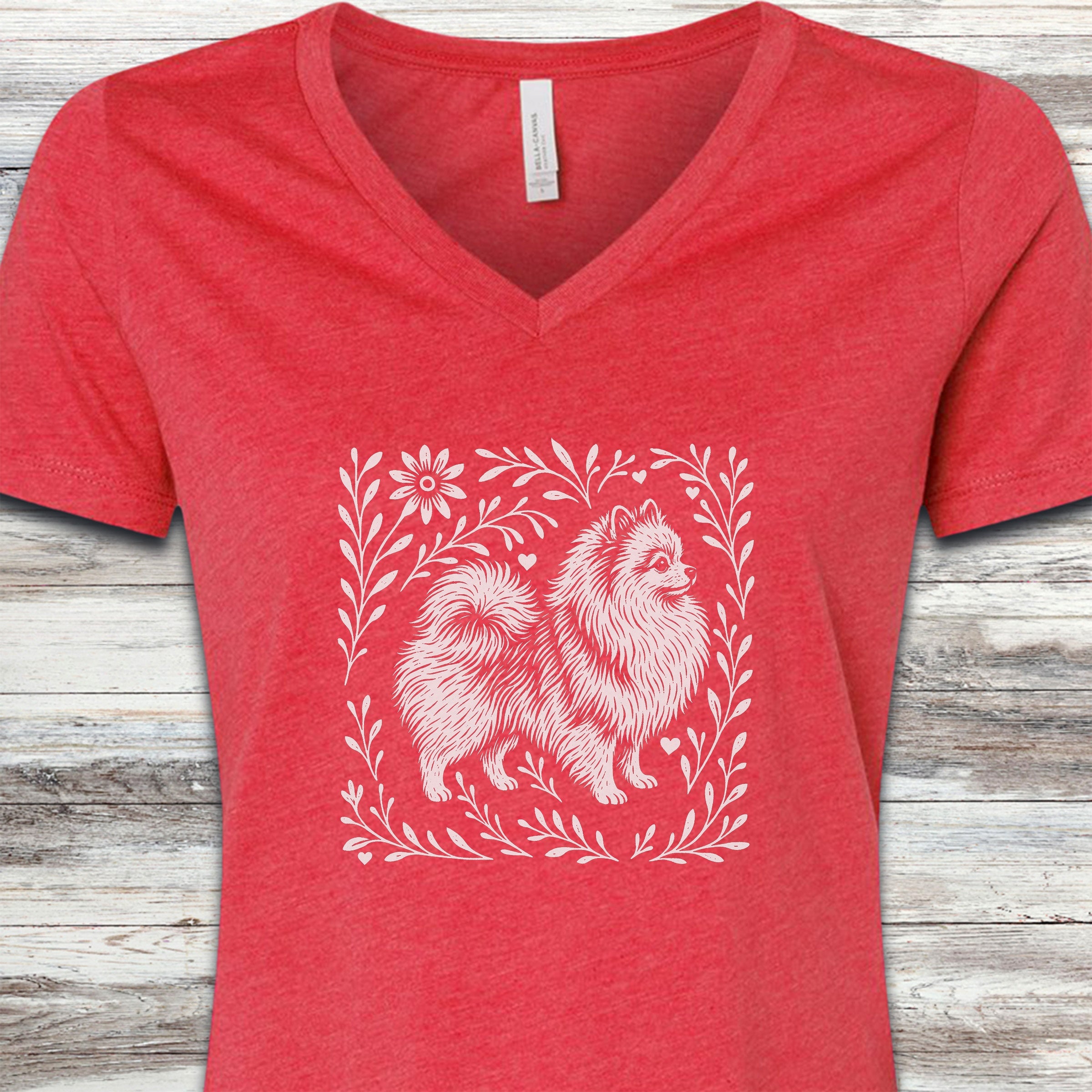 Pomeranian Linocut V-Neck Tee - Heather Red