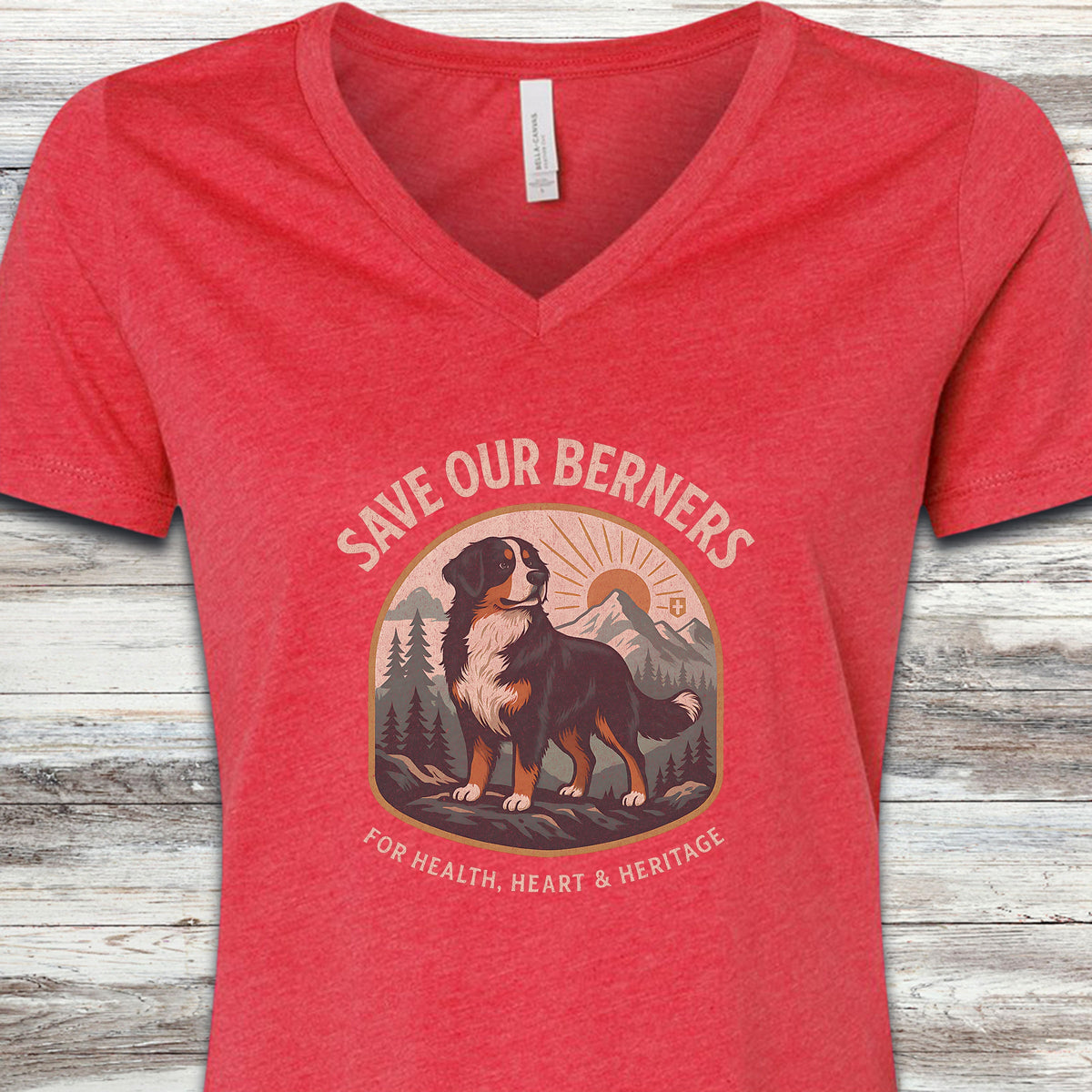 Bernese Mountain Dog Save Berners V-Neck Tee - Heather Red