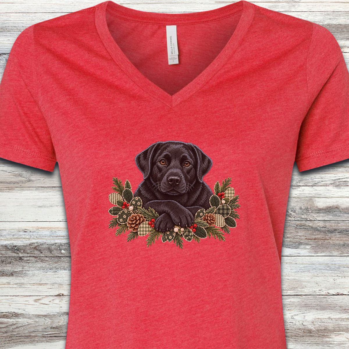 Labrador Retriever Black Winter Greenery Faux Embroidery V-Neck Tee - Heather Red