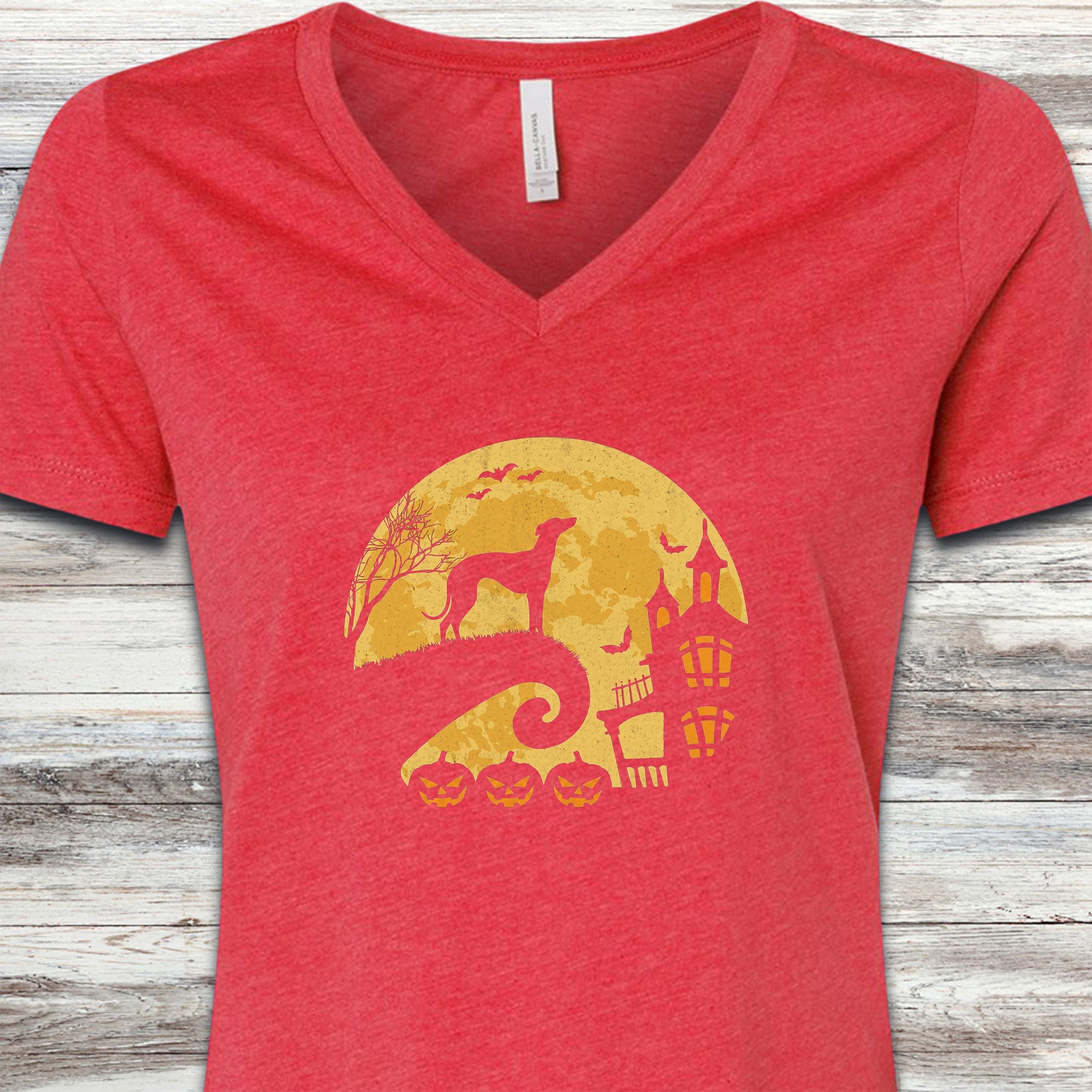 Greyhound Halloween Moon V-Neck Tee - Heather Red