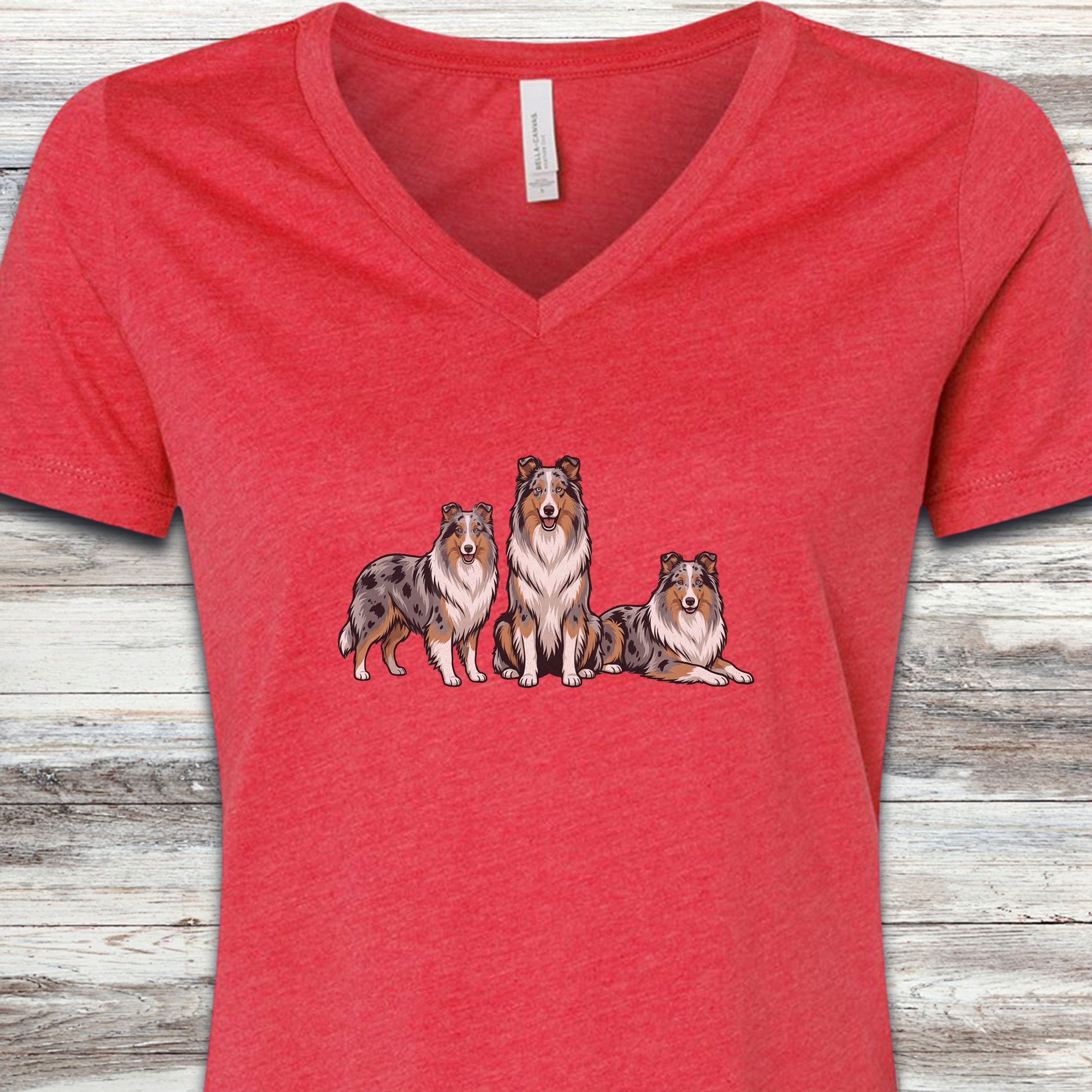 Australian Shepherd Blue Merle Trio V-Neck Tee - Heather Red