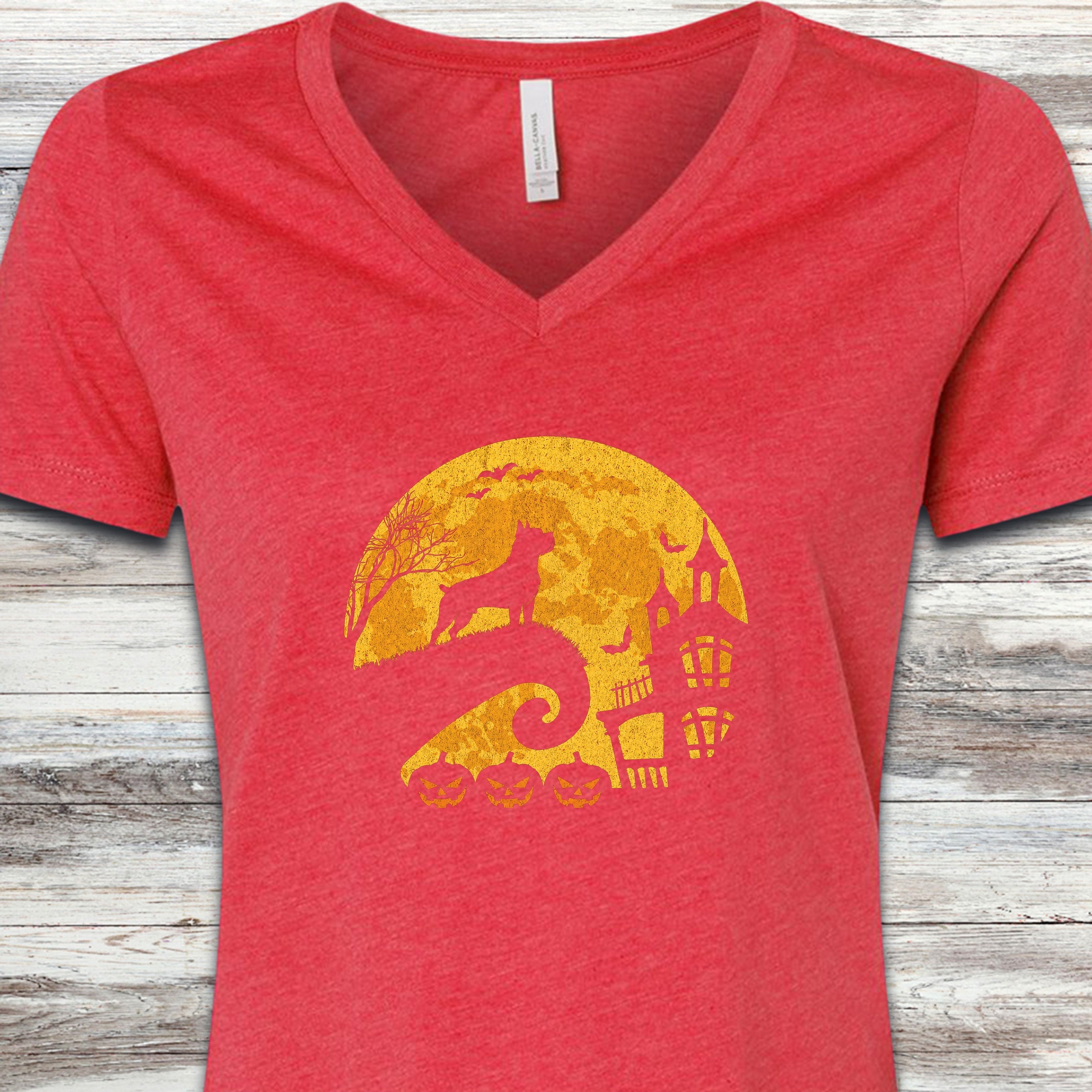 Cane Corso Halloween Moon V-Neck Tee - Heather Red