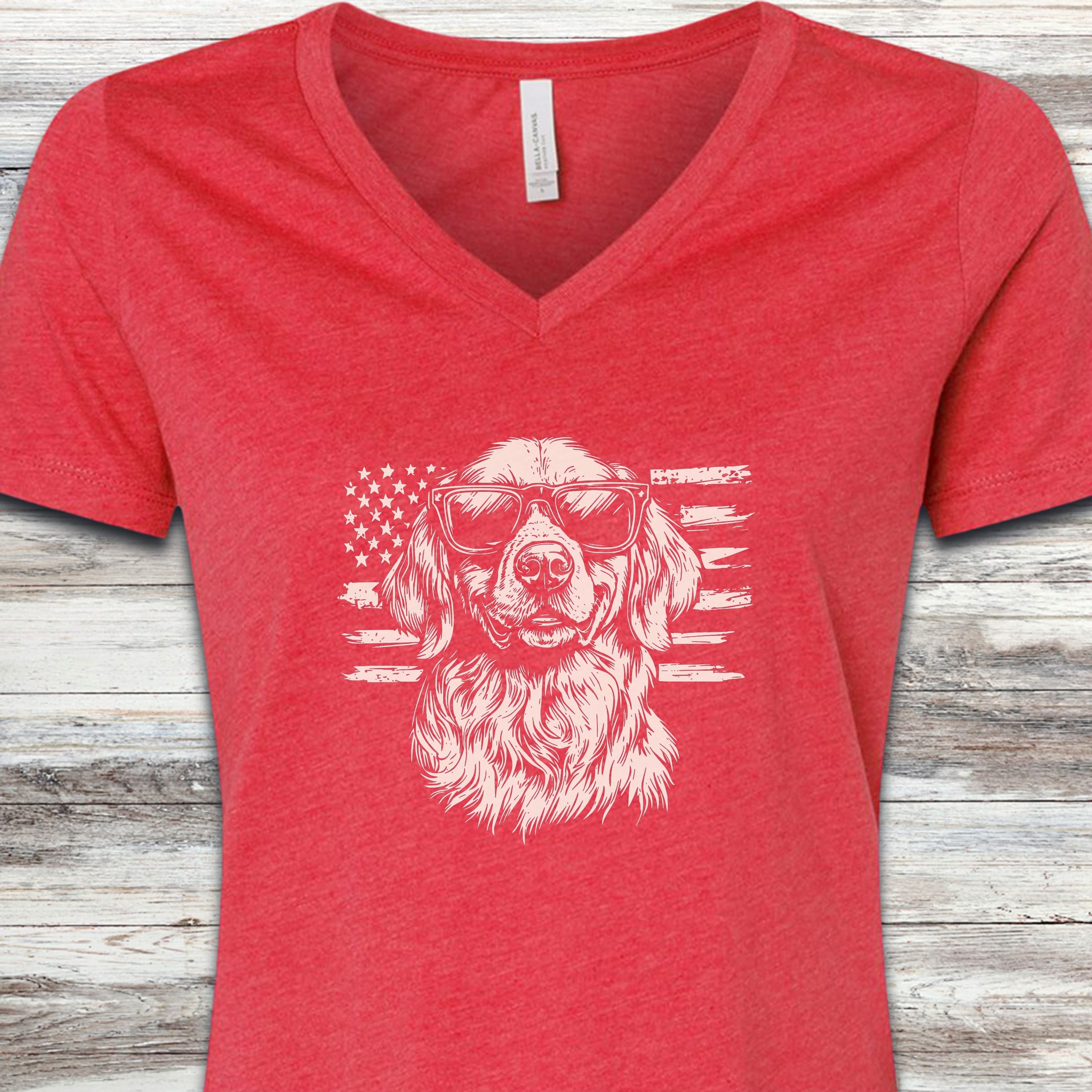 Golden Retriever Flag V-Neck Tee - Heather Red