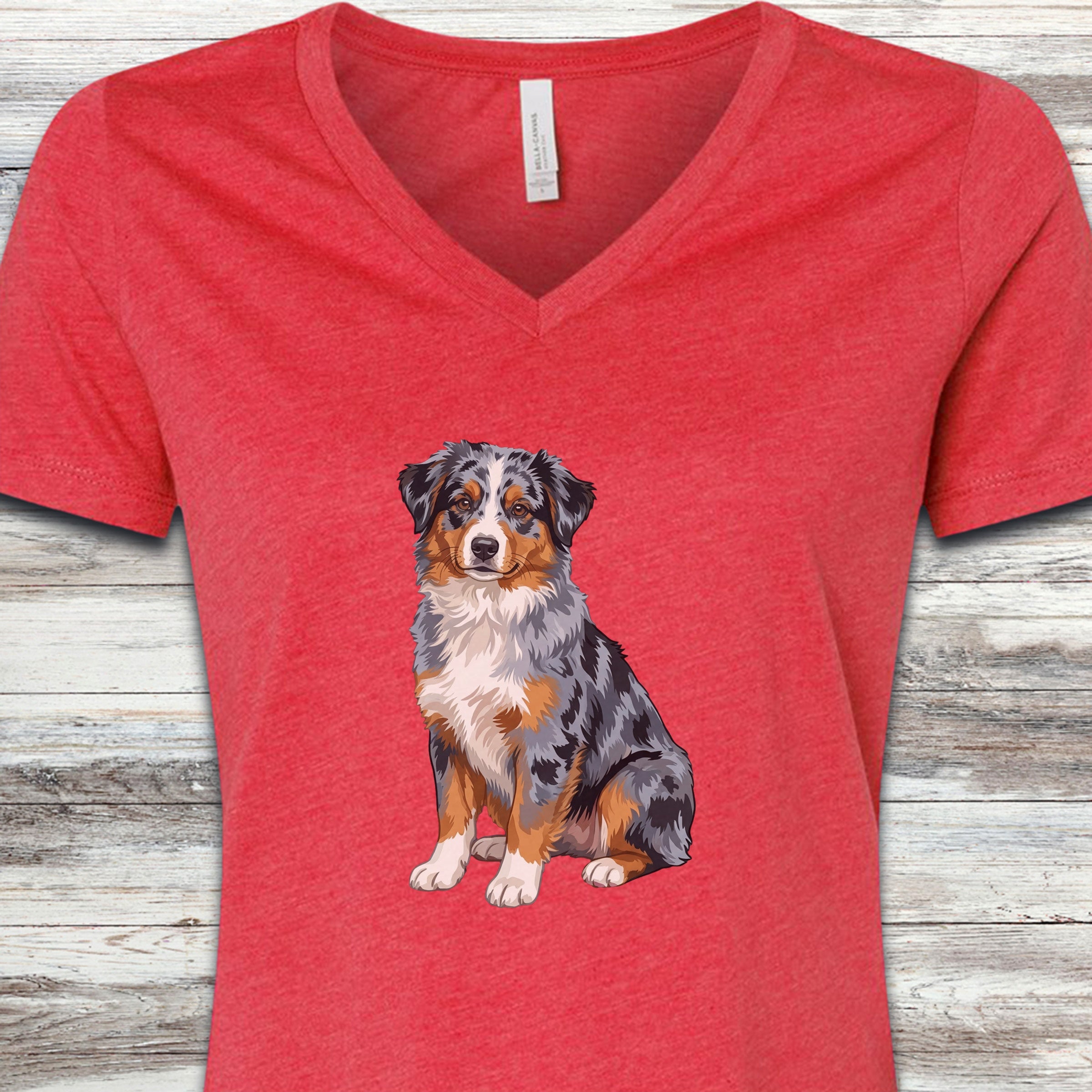 Australian Shepherd Merle Watercolor V-Neck Tee - Heather Red
