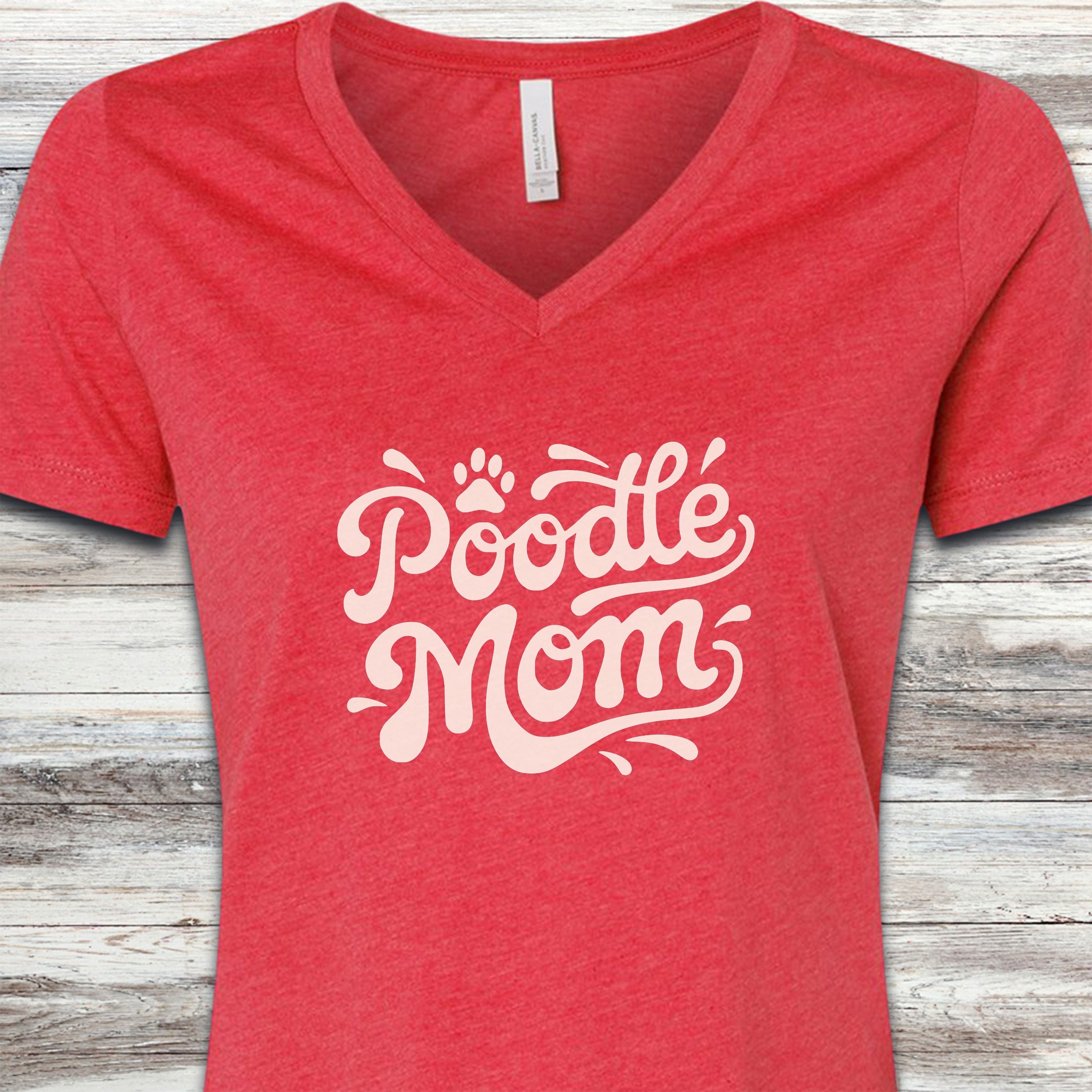 Poodle Groovy Mom V-Neck Tee - Heather Red