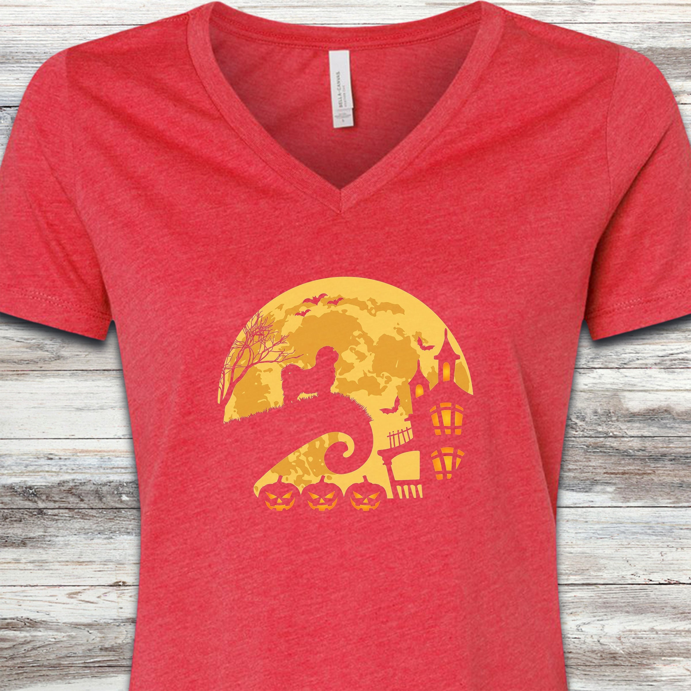 Shih Tzu Halloween Moon V-Neck Tee - Heather Red