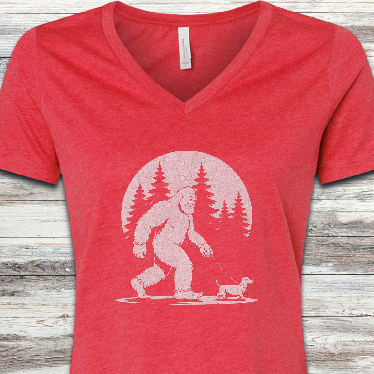 Dachshund Bigfoot V-Neck Tee - Heather Red