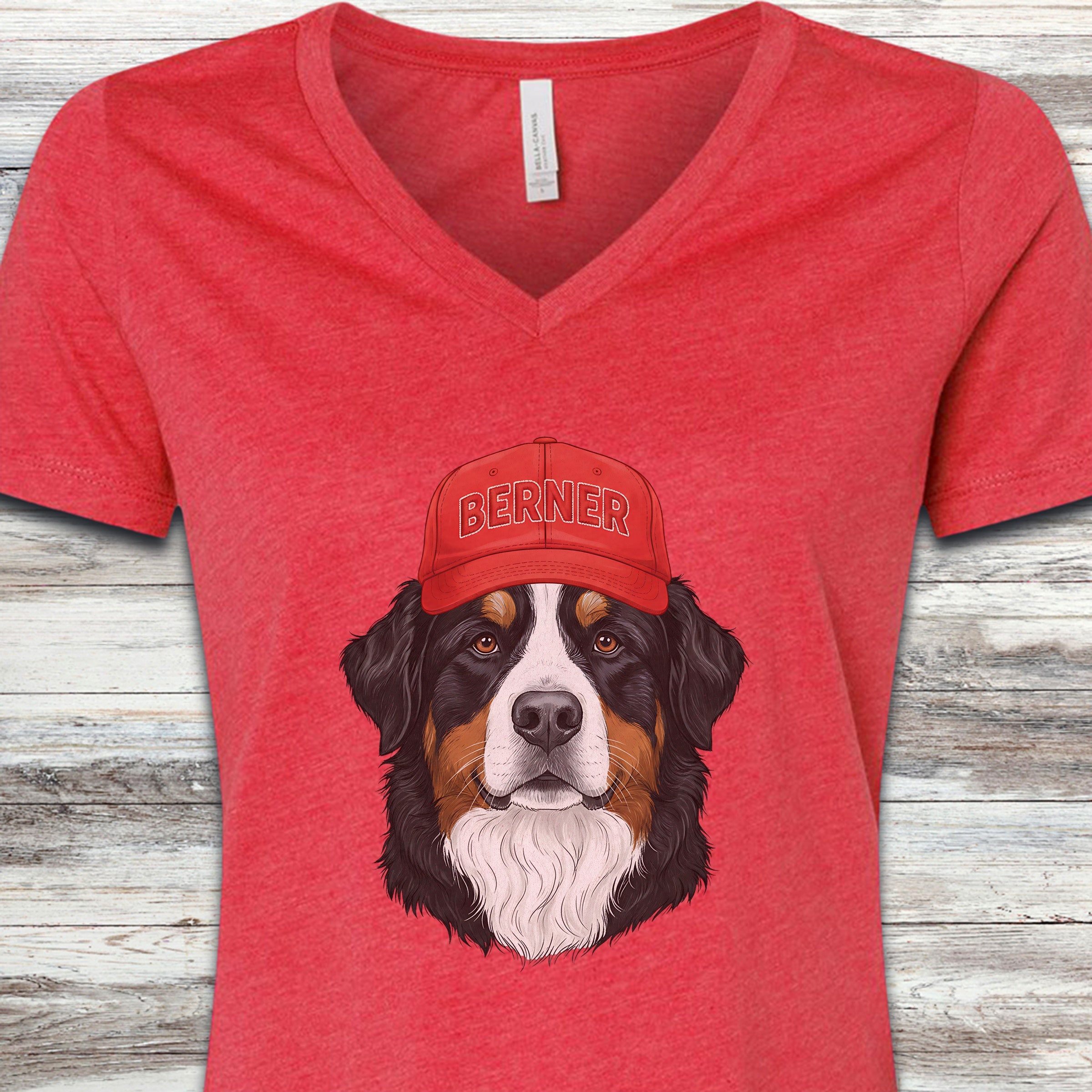 Bernese Mountain Dog Berner Hat V-Neck Tee - Heather Red