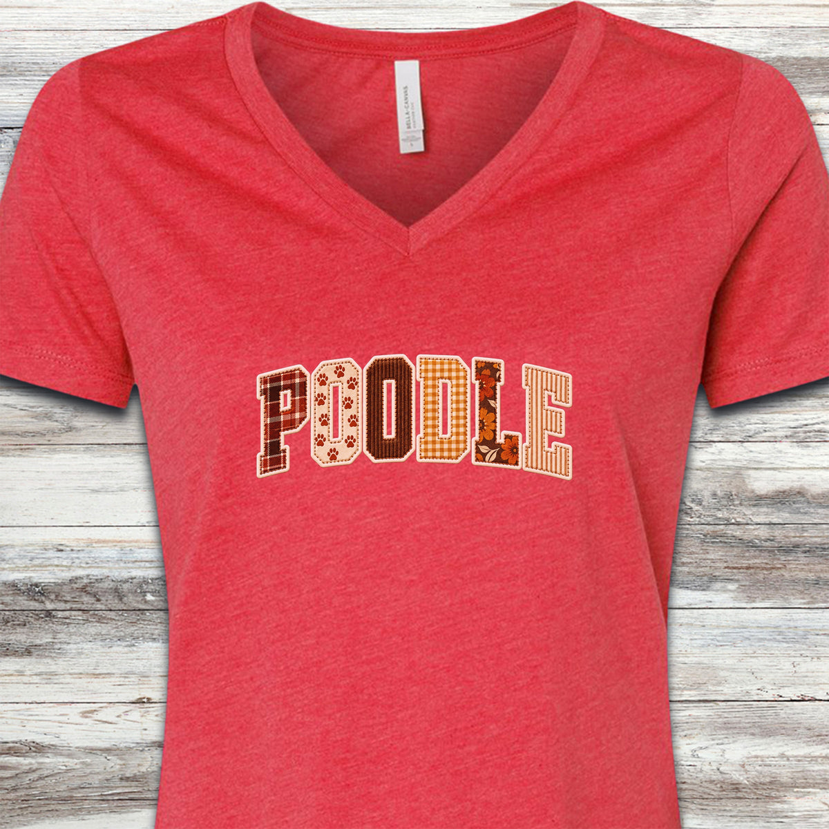 Poodle Fall Faux Patchwork V-Neck Tee - Heather Red