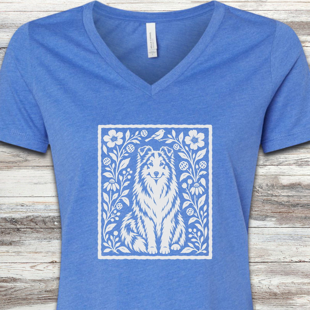 Shetland Sheepdog Folk Art Floral V-Neck Tee - Heather True Royal