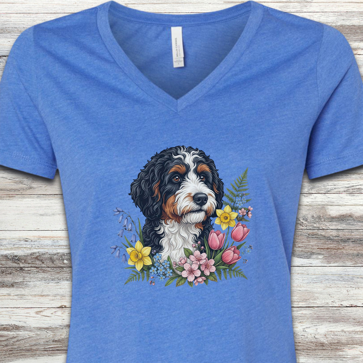 Bernedoodle Spring Portrait V-Neck Tee - Heather True Royal