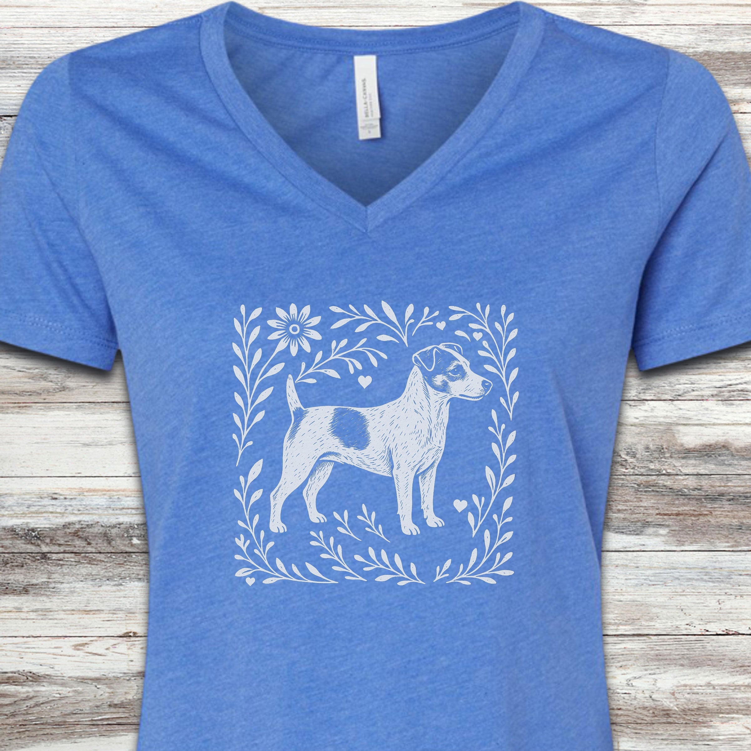 Jack Russell Linocut V-Neck Tee - Heather True Royal