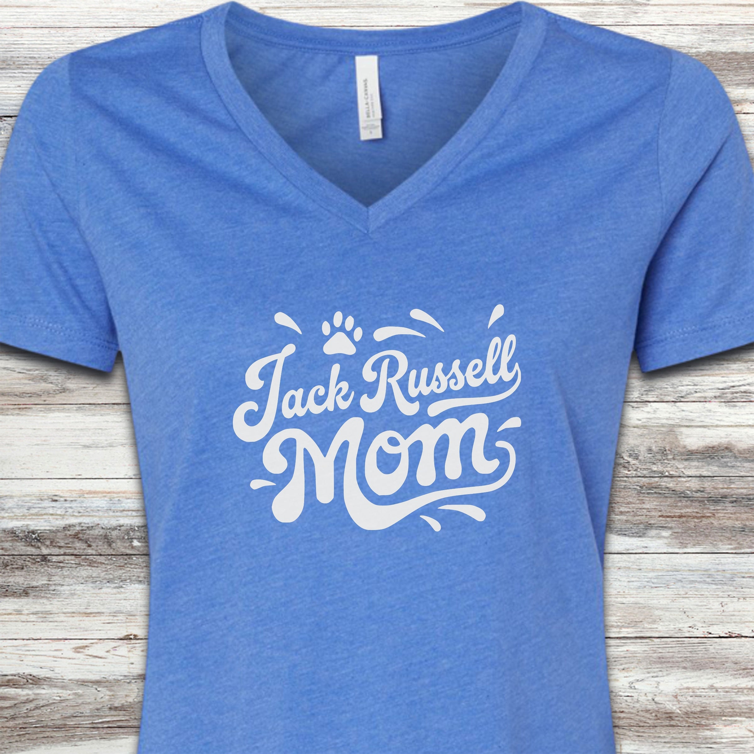 Jack Russell Groovy Mom V-Neck Tee - Heather True Royal