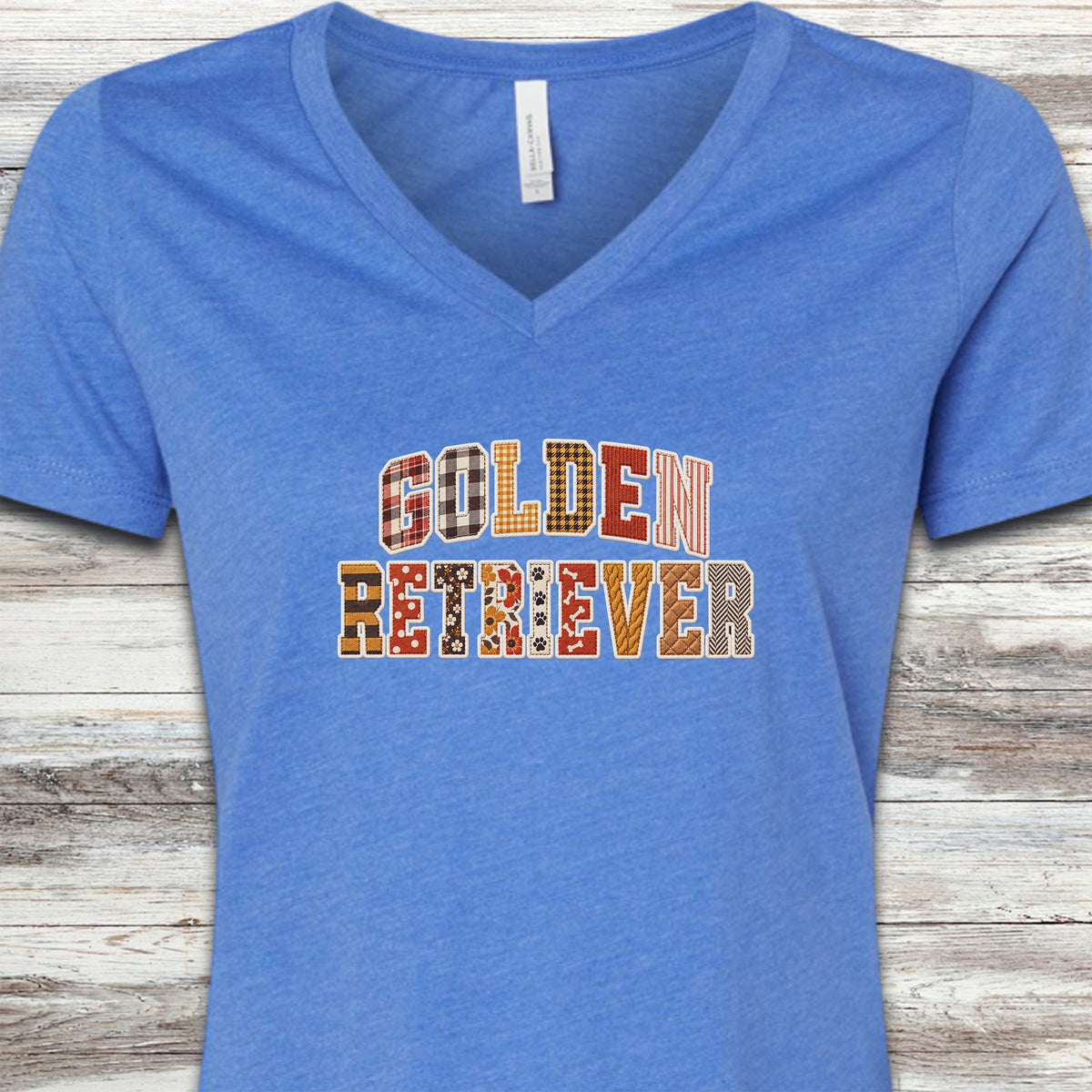 Golden Retriever Fall Faux Patchwork V-Neck Tee - Heather True Royal