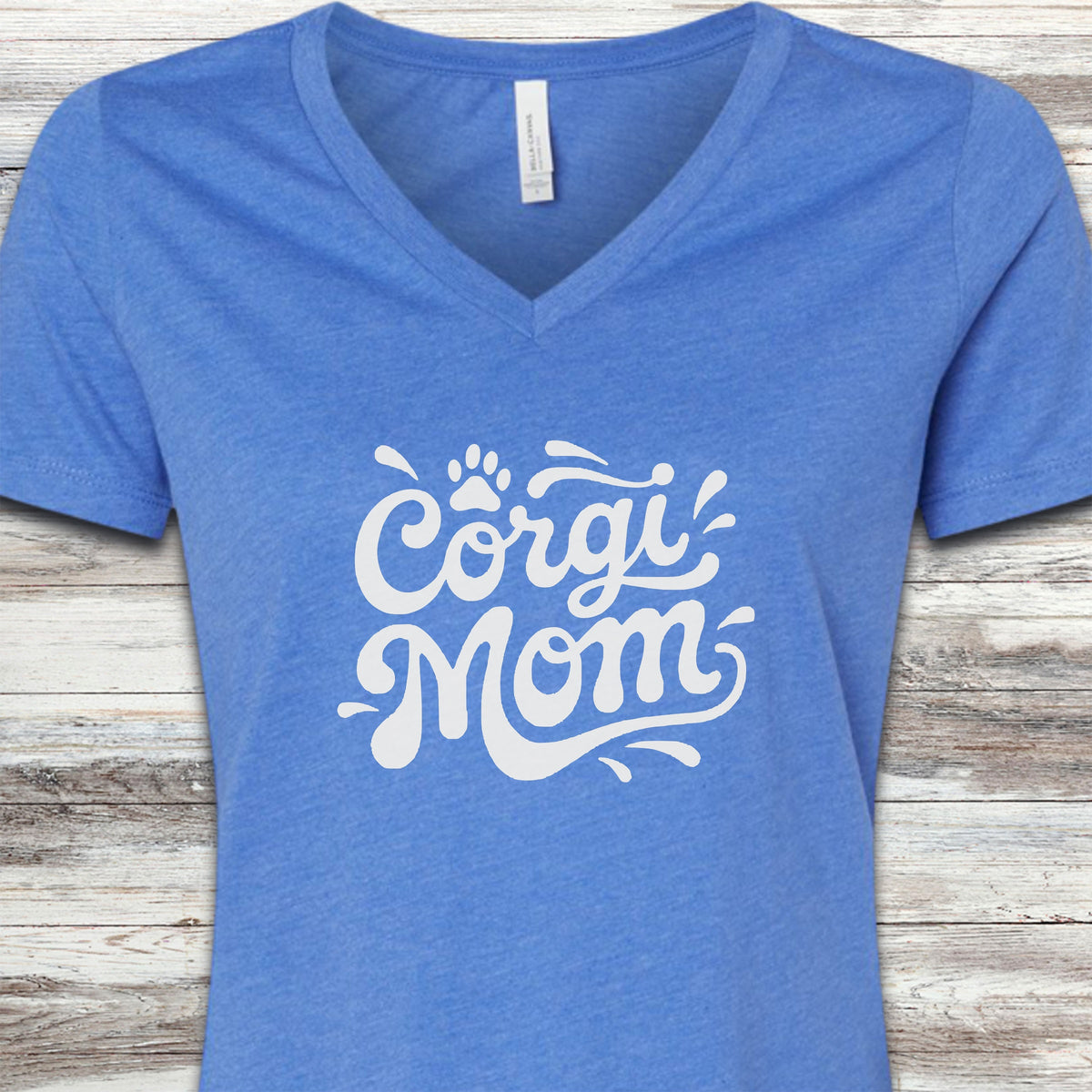 Corgi Groovy Mom V-Neck Tee - Heather True Royal