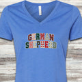 German Shepherd Holiday Faux Patchwork V-Neck Tee - Heather True Royal