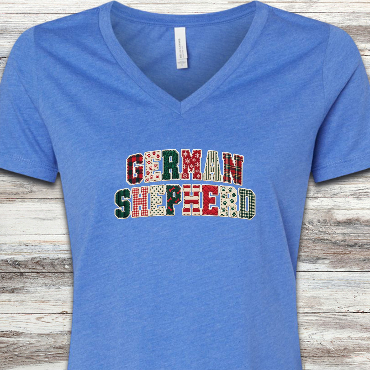 German Shepherd Holiday Faux Patchwork V-Neck Tee - Heather True Royal