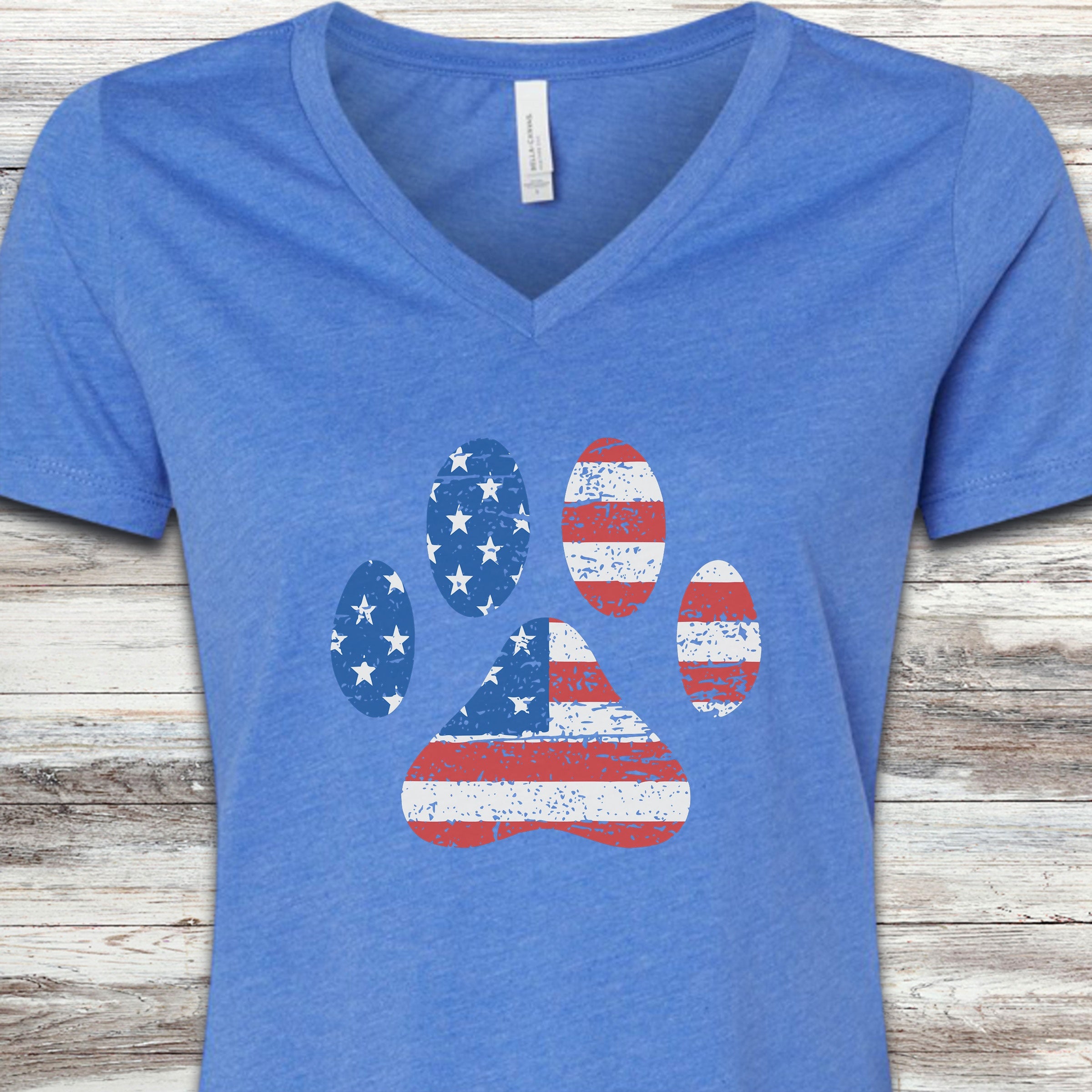 Stars & Stripes Paw Print V-Neck Tee - Heather True Royal