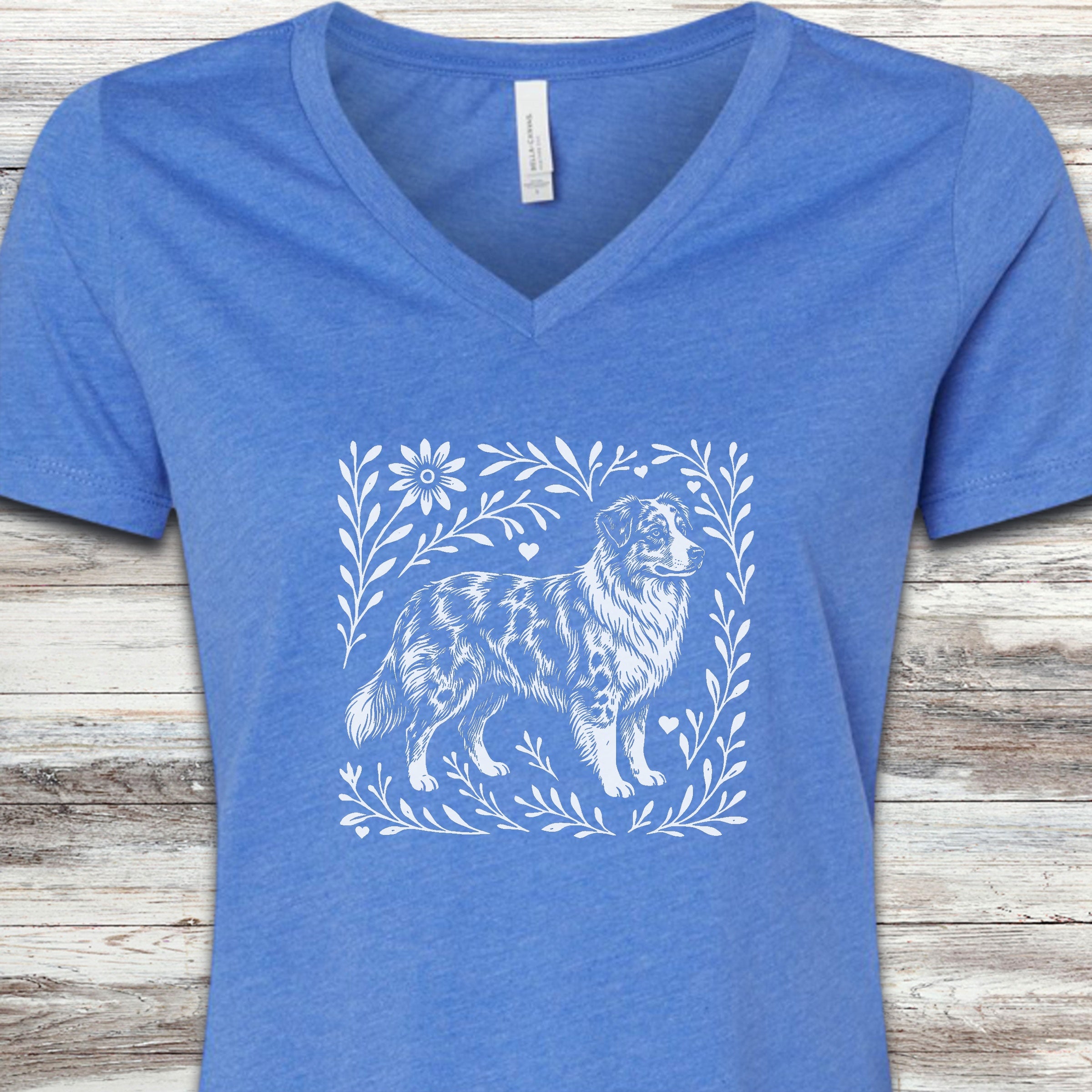 Australian Shepherd Merle Linocut V-Neck Tee - Heather True Royal