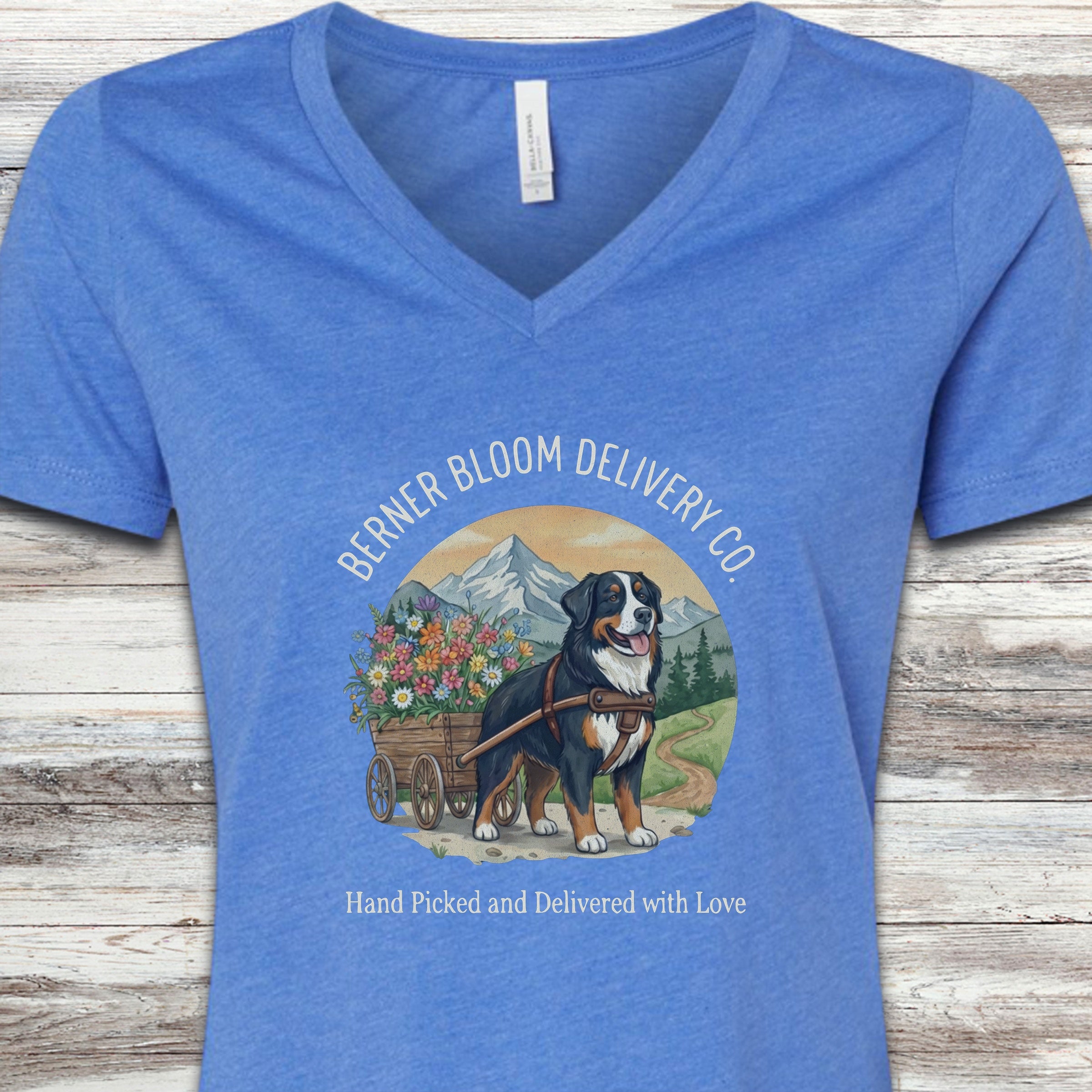 Bernese Mountain Dog Bloom Delivery V-Neck Tee - Heather True Royal
