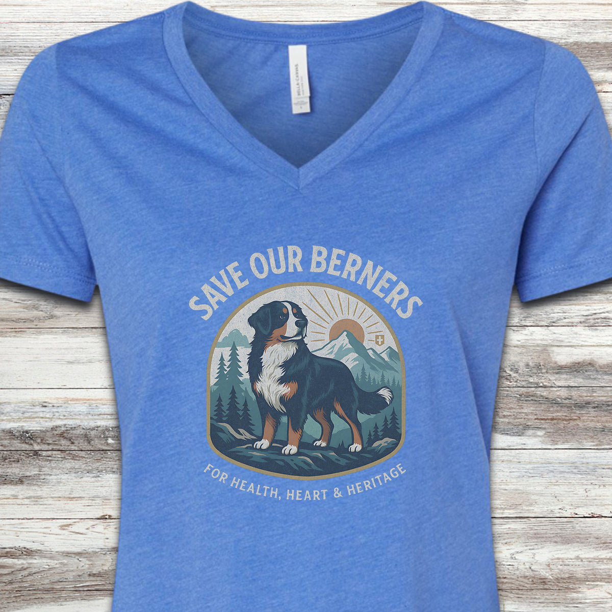 Bernese Mountain Dog Save Berners V-Neck Tee - Heather True Royal