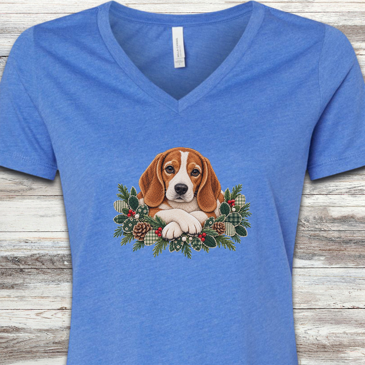 Beagle Red and White Winter Greenery Faux Embroidery V-Neck Tee - Heather True Royal