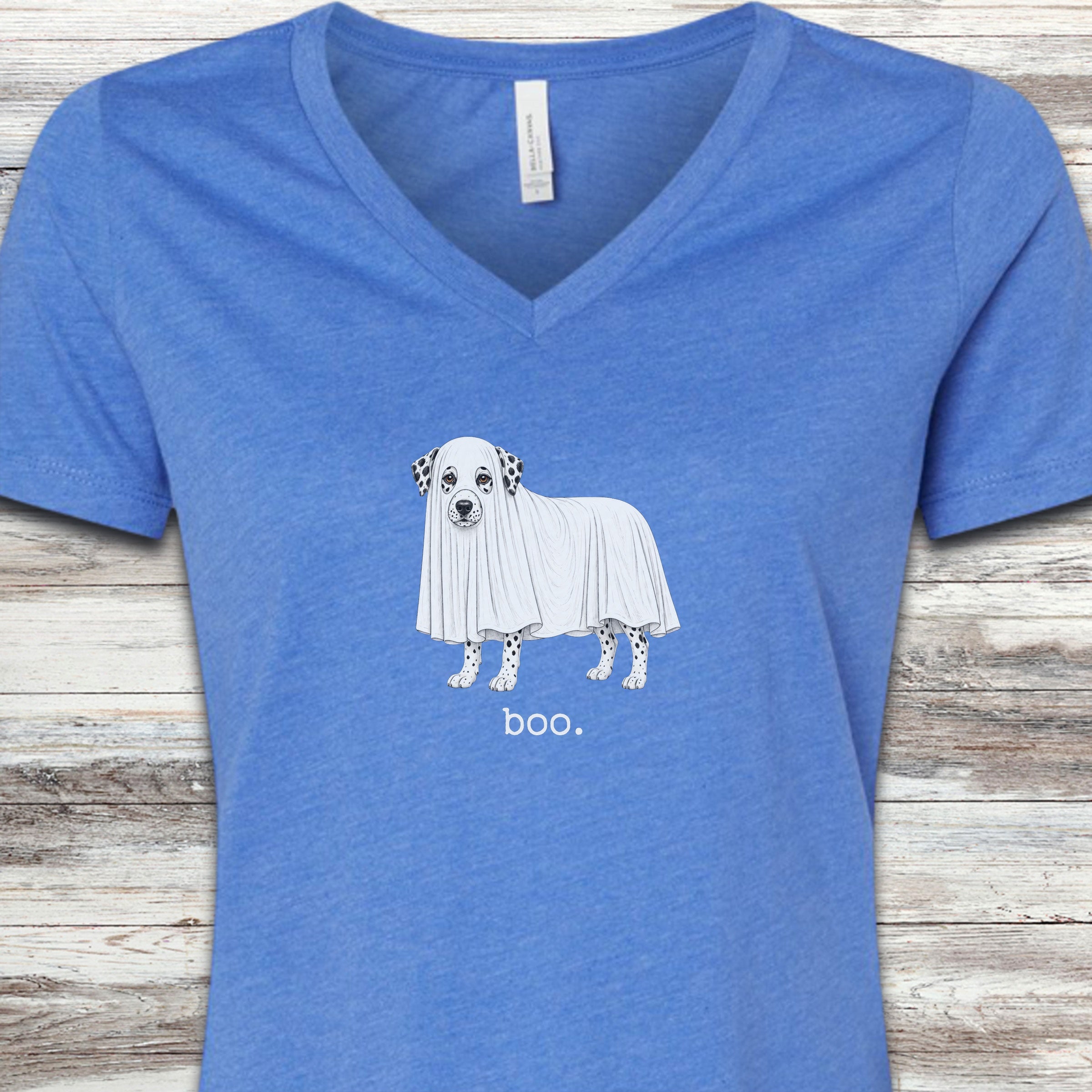 Dalmatian Boo V-Neck Tee - Heather True Royal