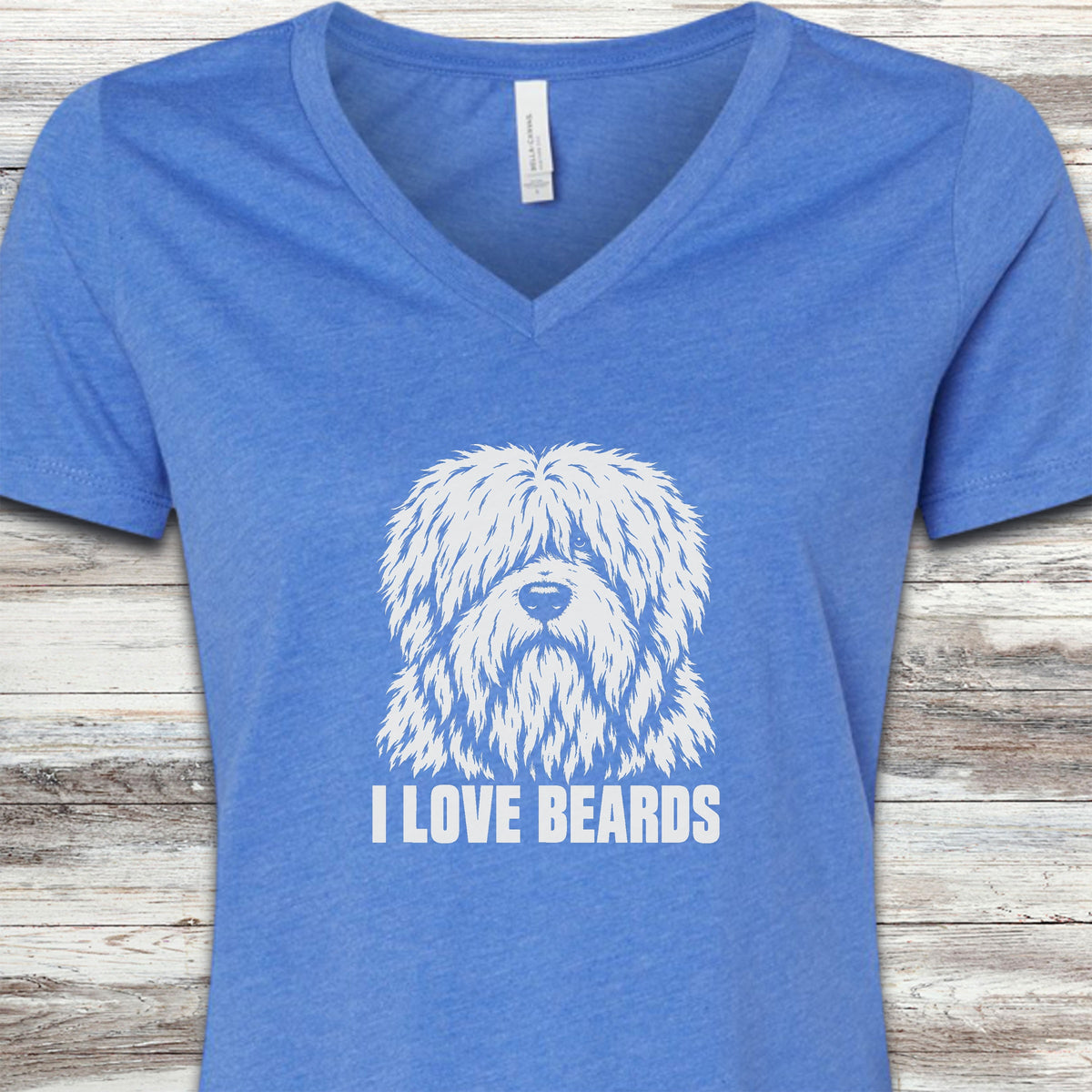 Old English Sheepdog I Love Beards V-Neck Tee - Heather True Royal