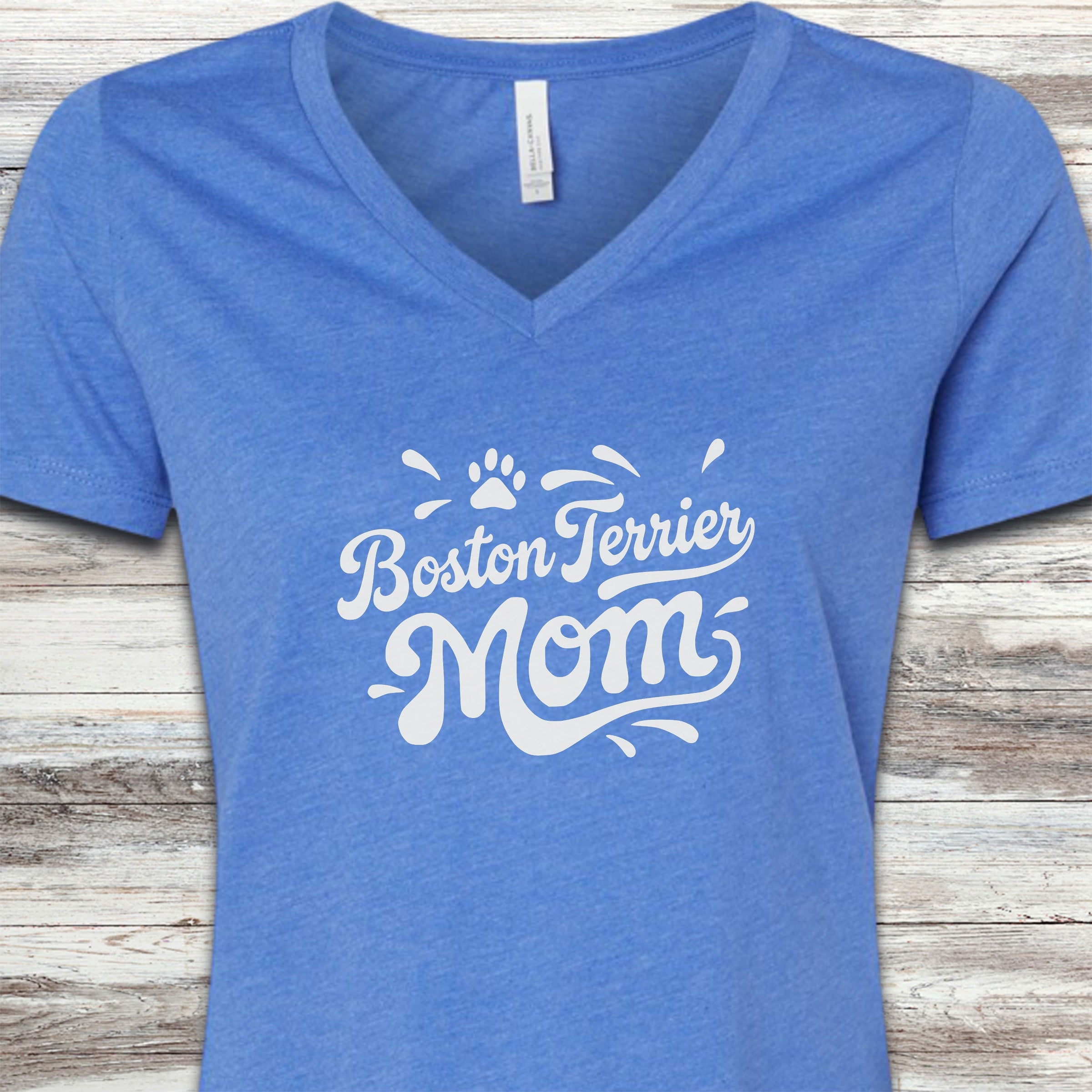 Boston Terrier Groovy Mom V-Neck Tee - Heather True Royal