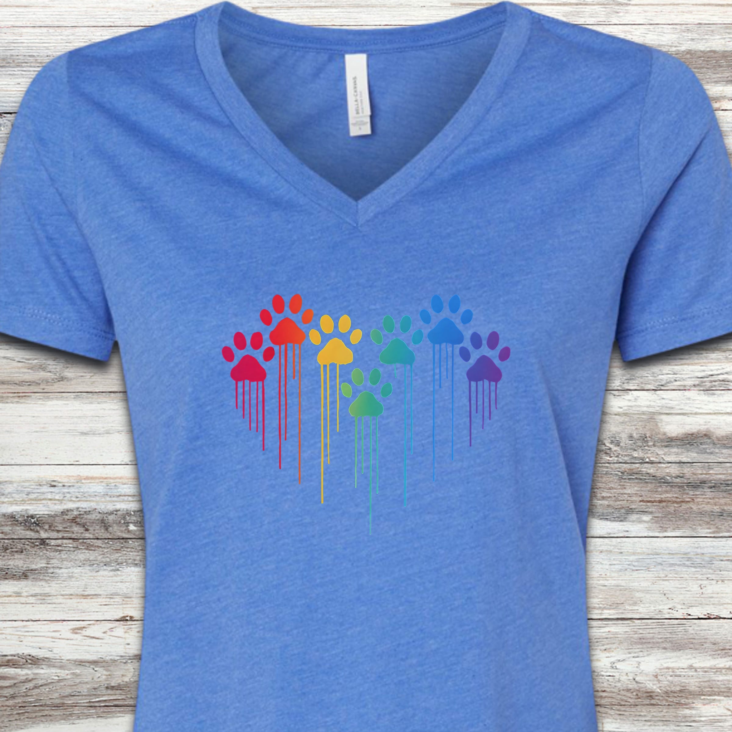 Rainbow Heart Prints V-Neck Tee - Heather True Royal