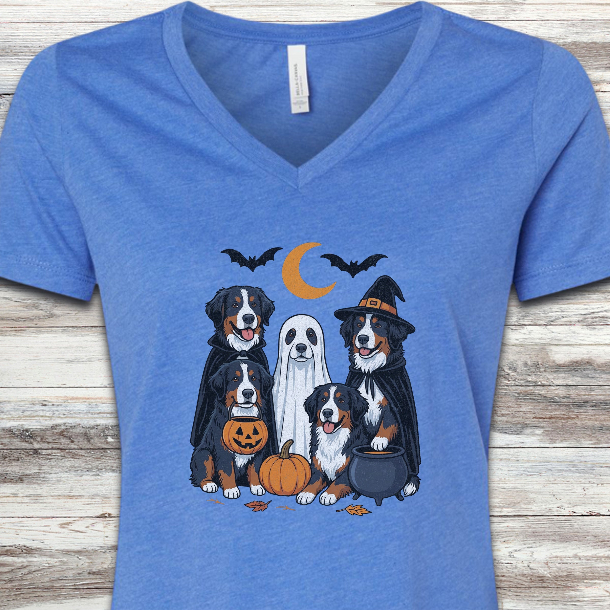 Bernese Mountain Dog Halloween V-Neck Tee - Heather True Royal