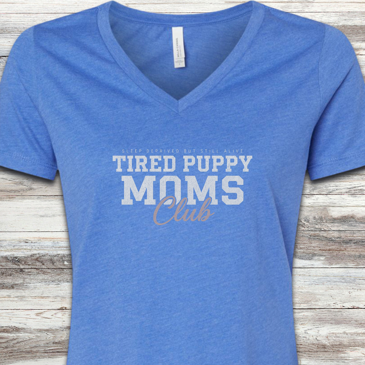 Tired Puppy Mom V-Neck Tee - Heather True Royal