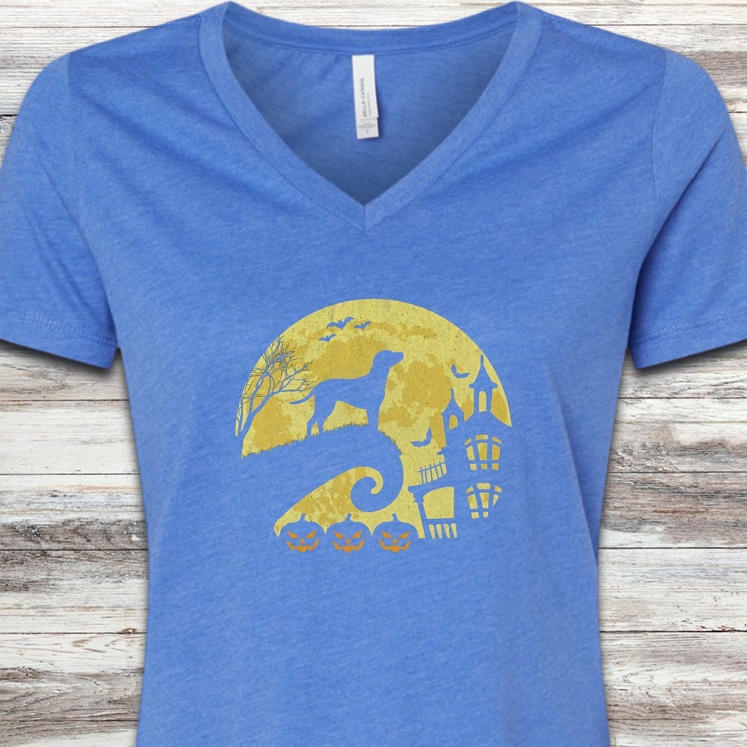Dalmatian Halloween Moon V-Neck Tee - Heather True Royal