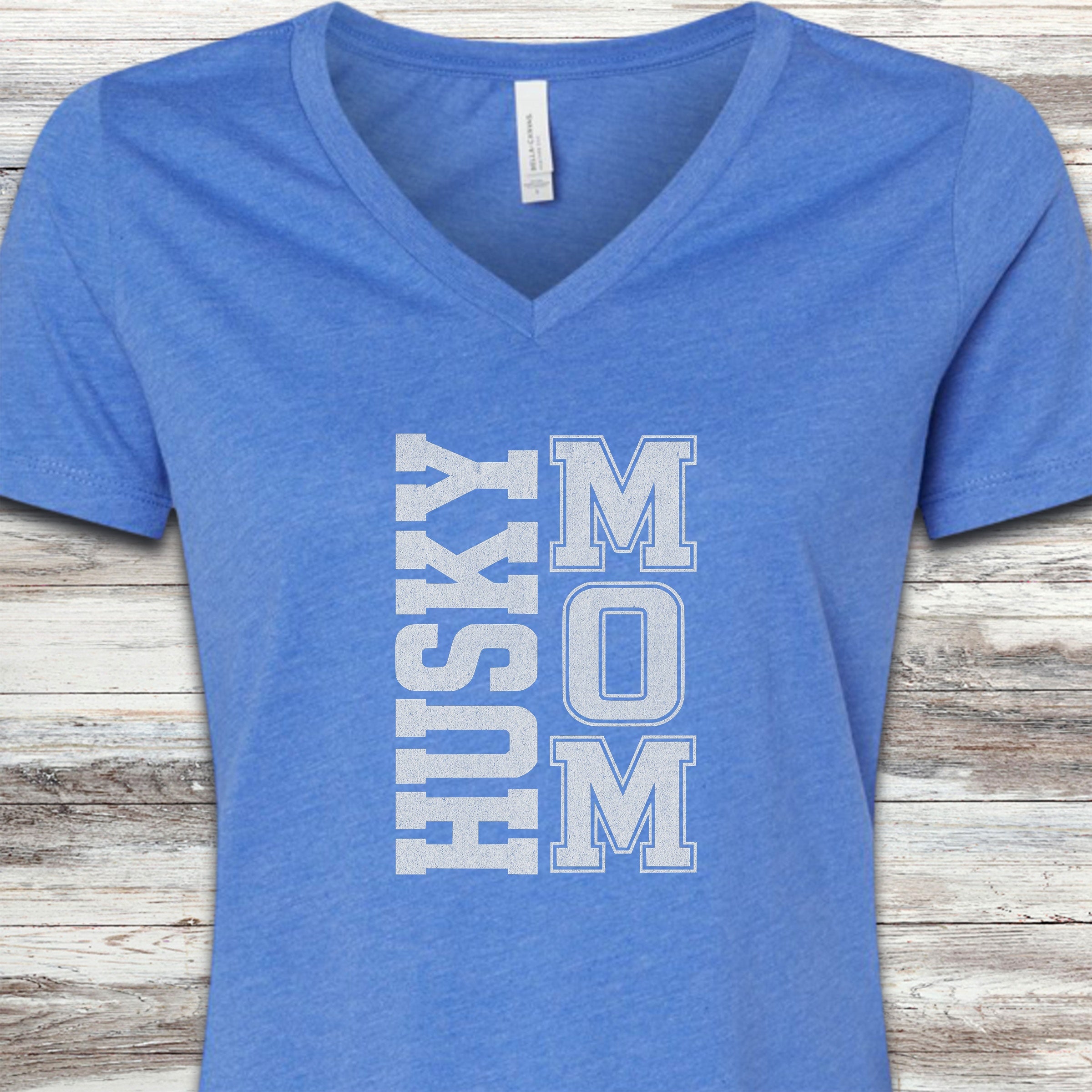 Husky Mom V-Neck Tee - Heather True Royal