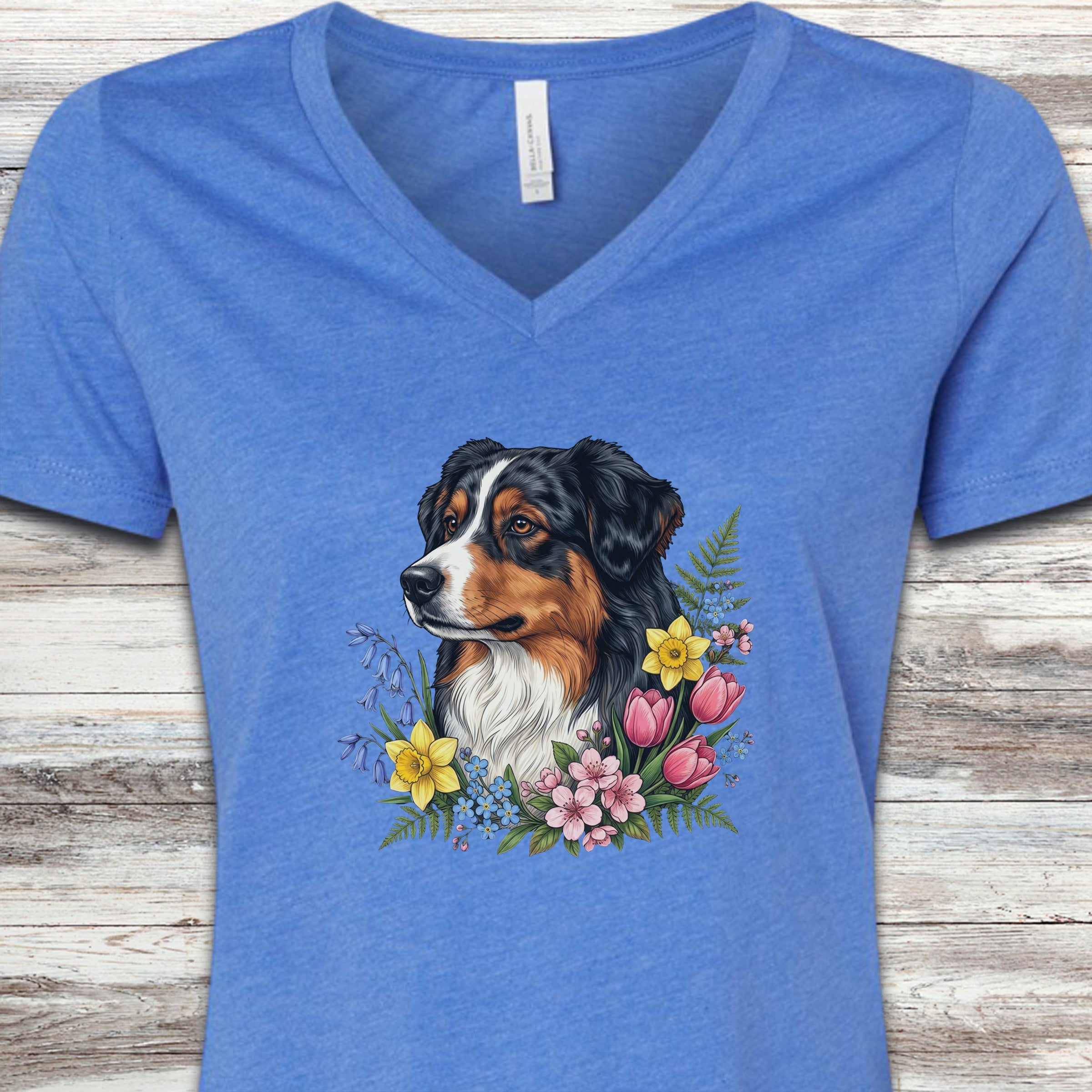 Australian Shepherd Tri Portrait V-Neck Tee - Heather True Royal