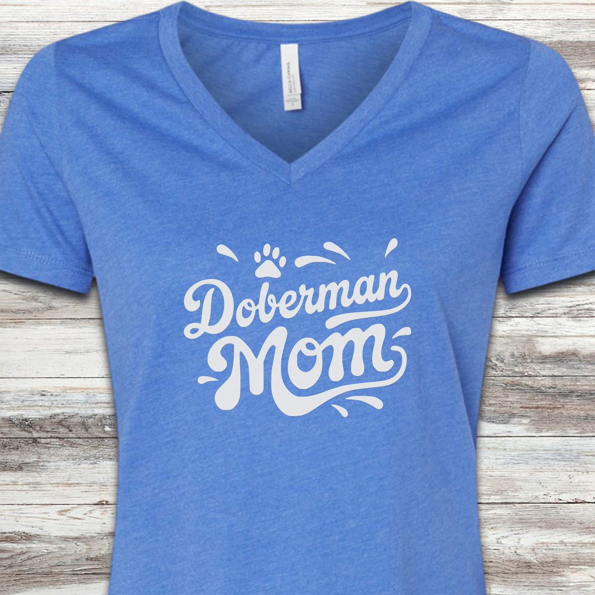 Doberman Groovy Mom V-Neck Tee - Heather True Royal