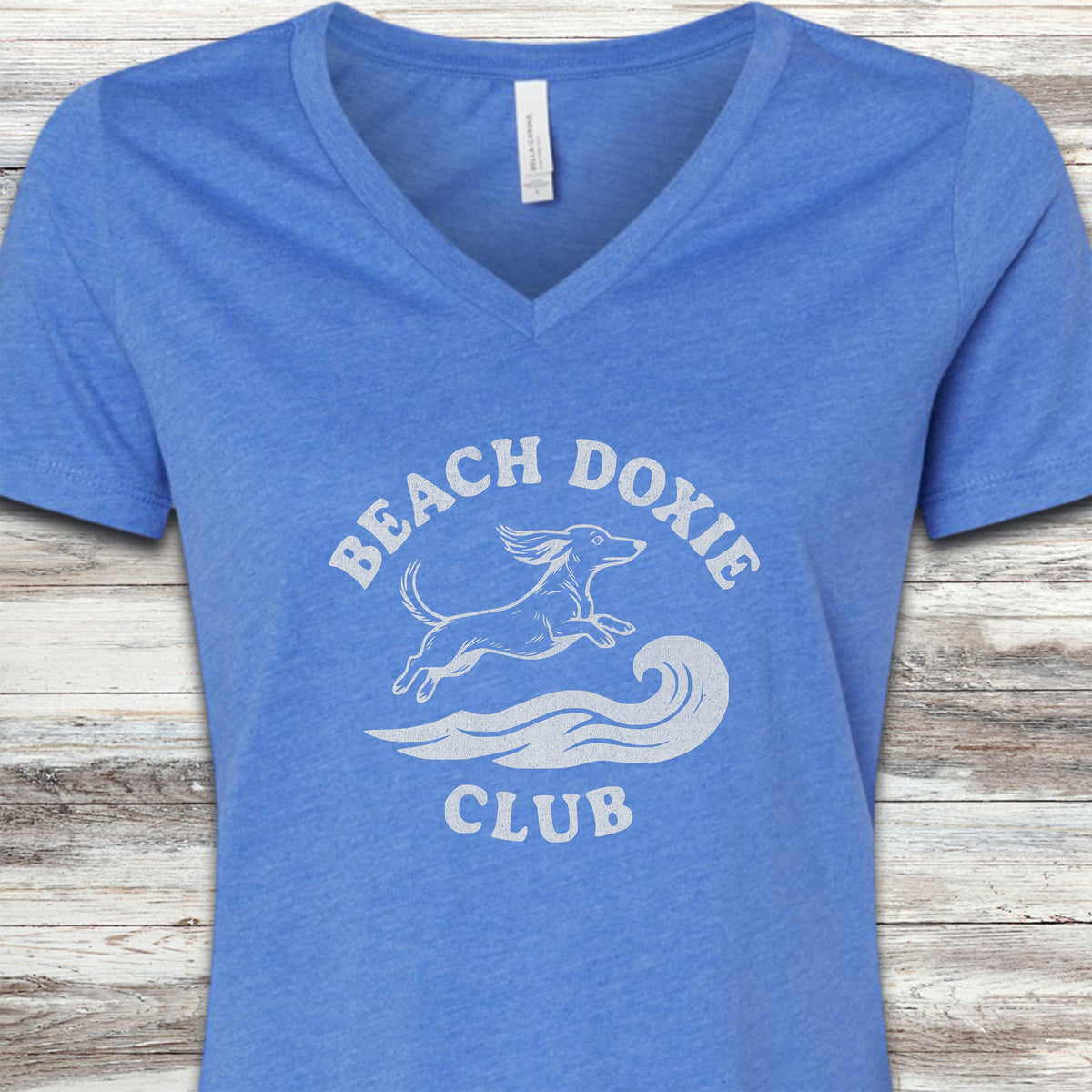 Dachshund Beach Doxie V-Neck Tee - Heather True Royal