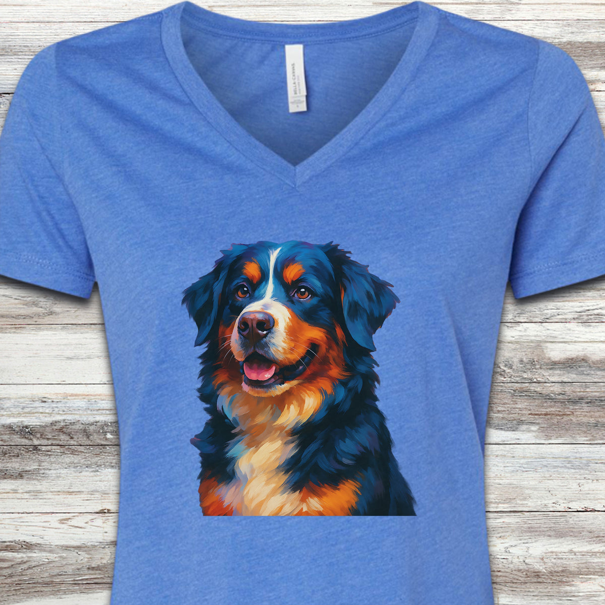 Bernese Mountain Dog Oil Painting V-Neck Tee - Heather True Royal