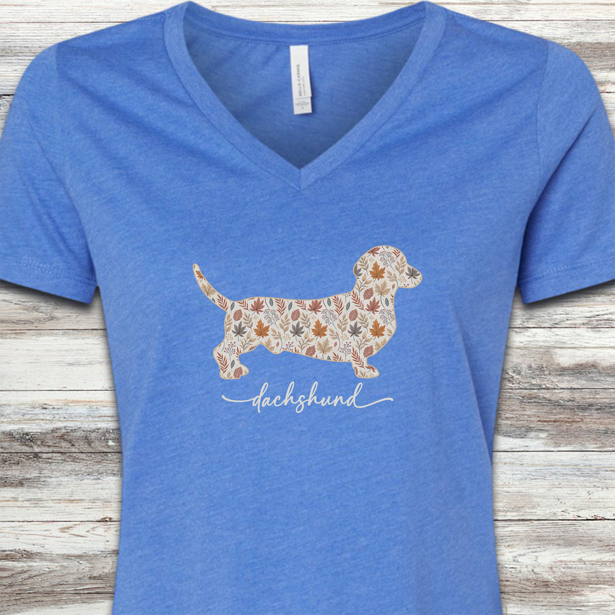Dachshund Fall V-Neck Tee - Heather True Royal